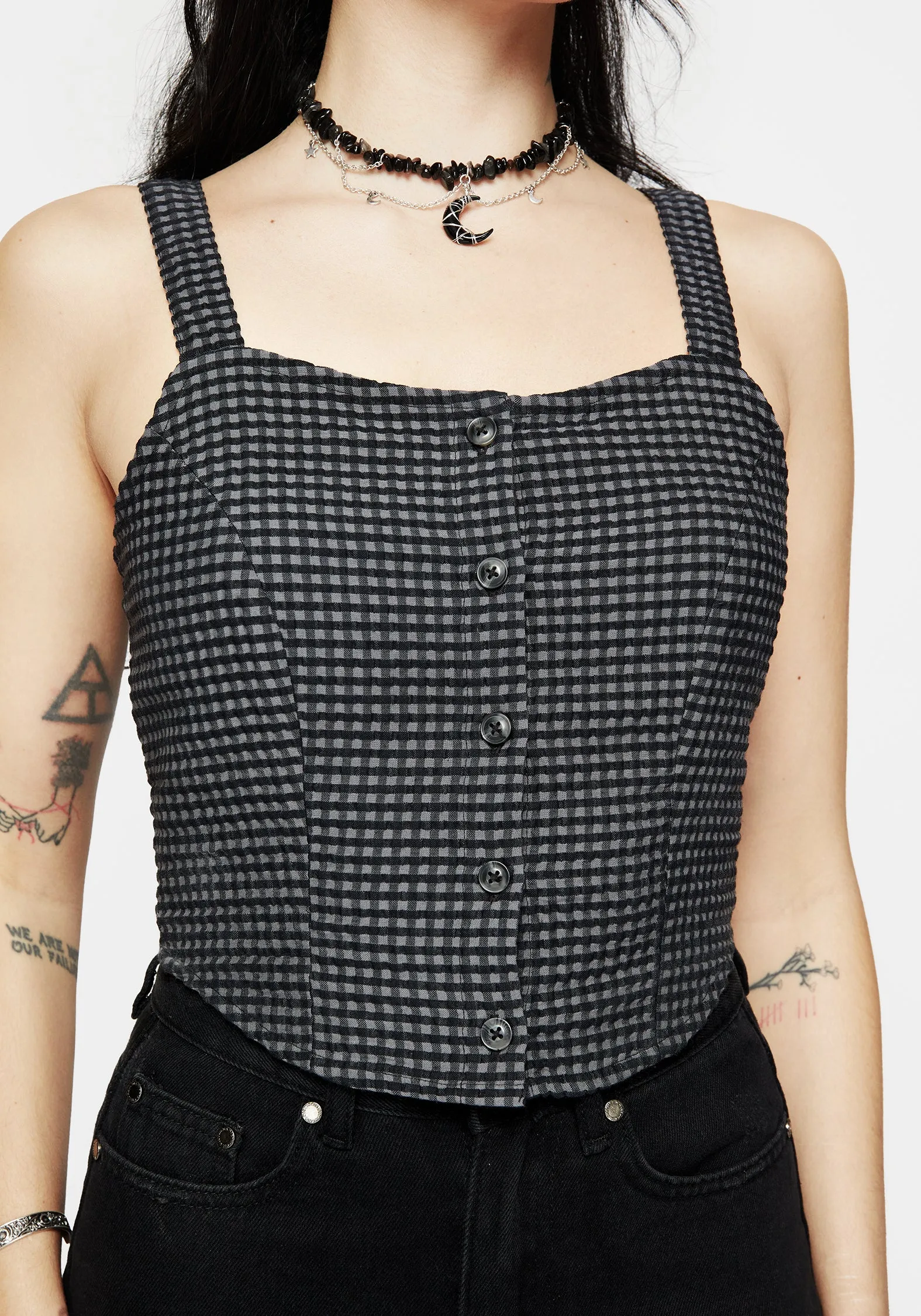 Faythe Cotton Check Button Up Cami Top Four Way Stretch Fabric Organic Cotton Blend