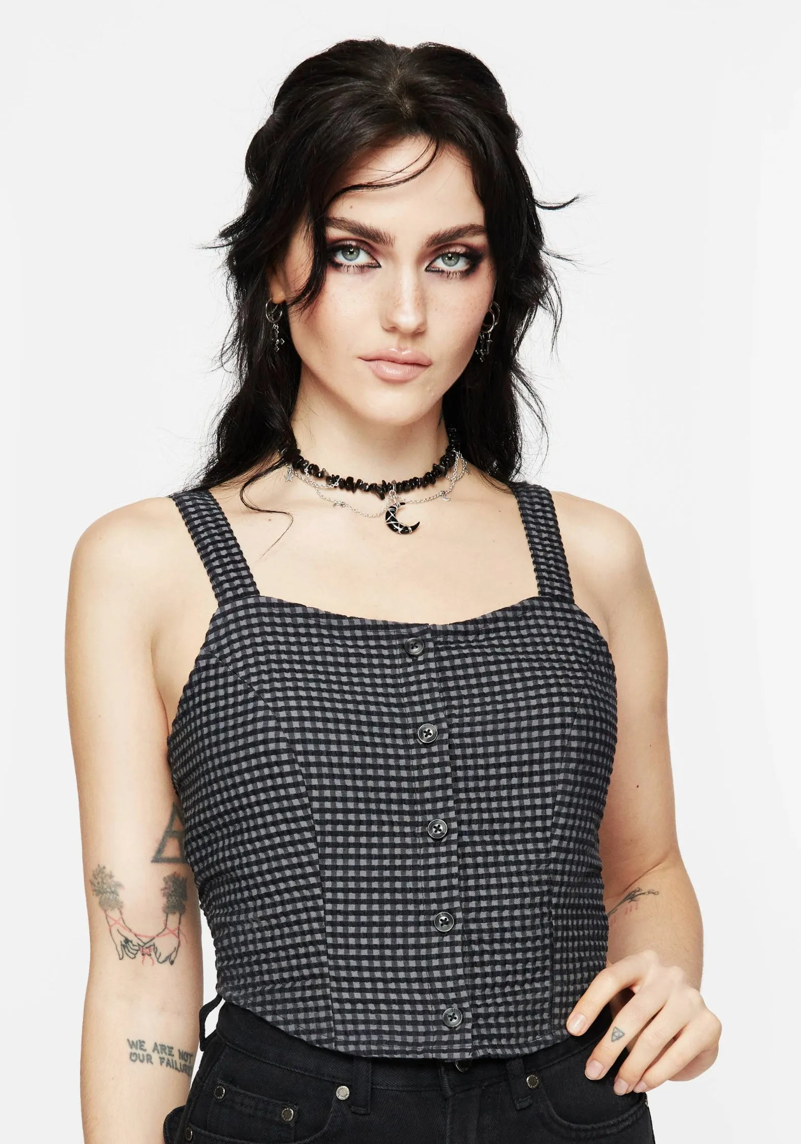 Faythe Cotton Check Button Up Cami Top OdorResistant Fabric