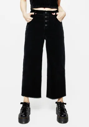 Foster Wide Leg Cord Crop Jeans - Black Raw Hem Design Minimalist Style Family Style Comfy