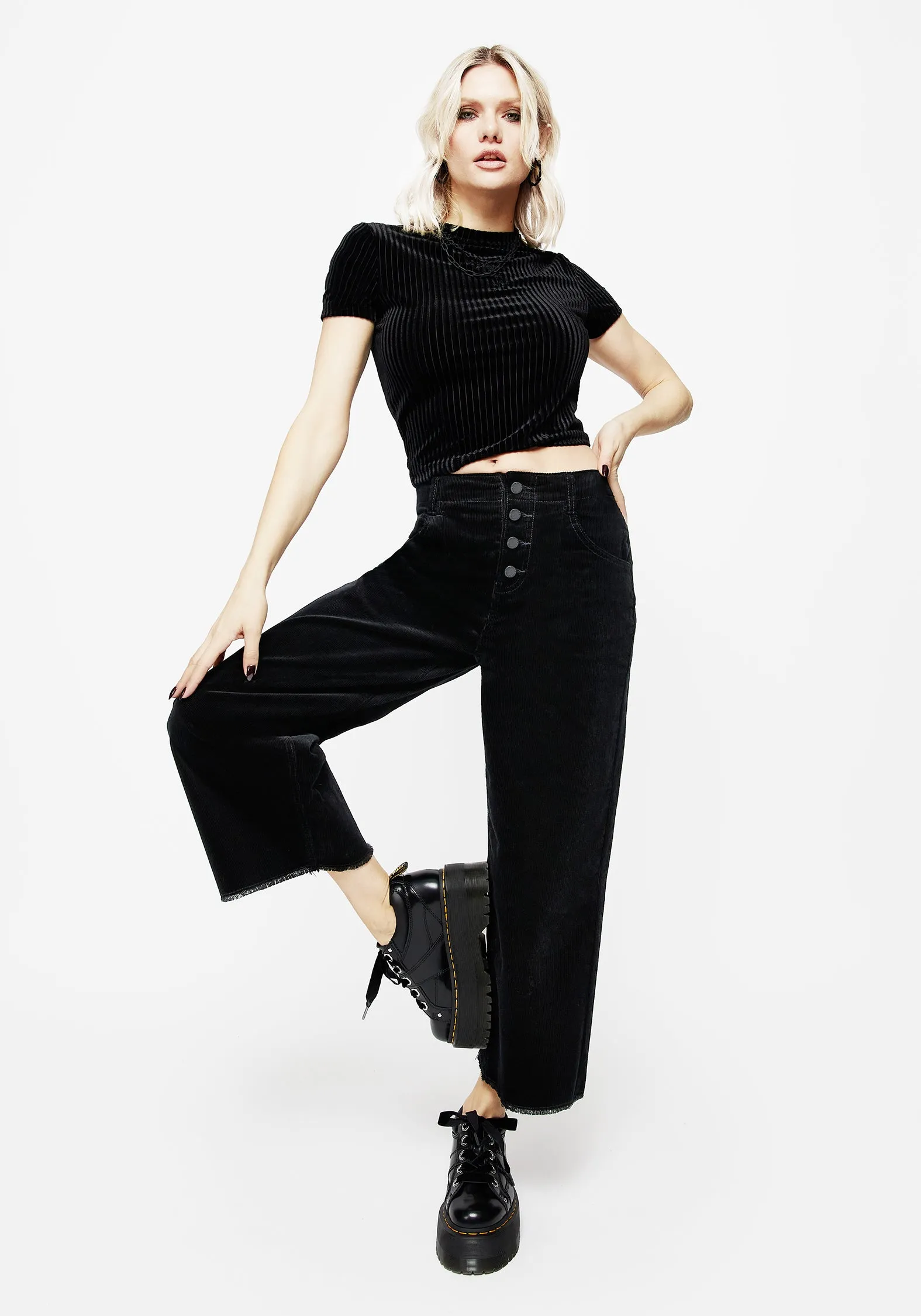 Secure Closure System Foster Wide Leg Cord Crop Jeans - Black