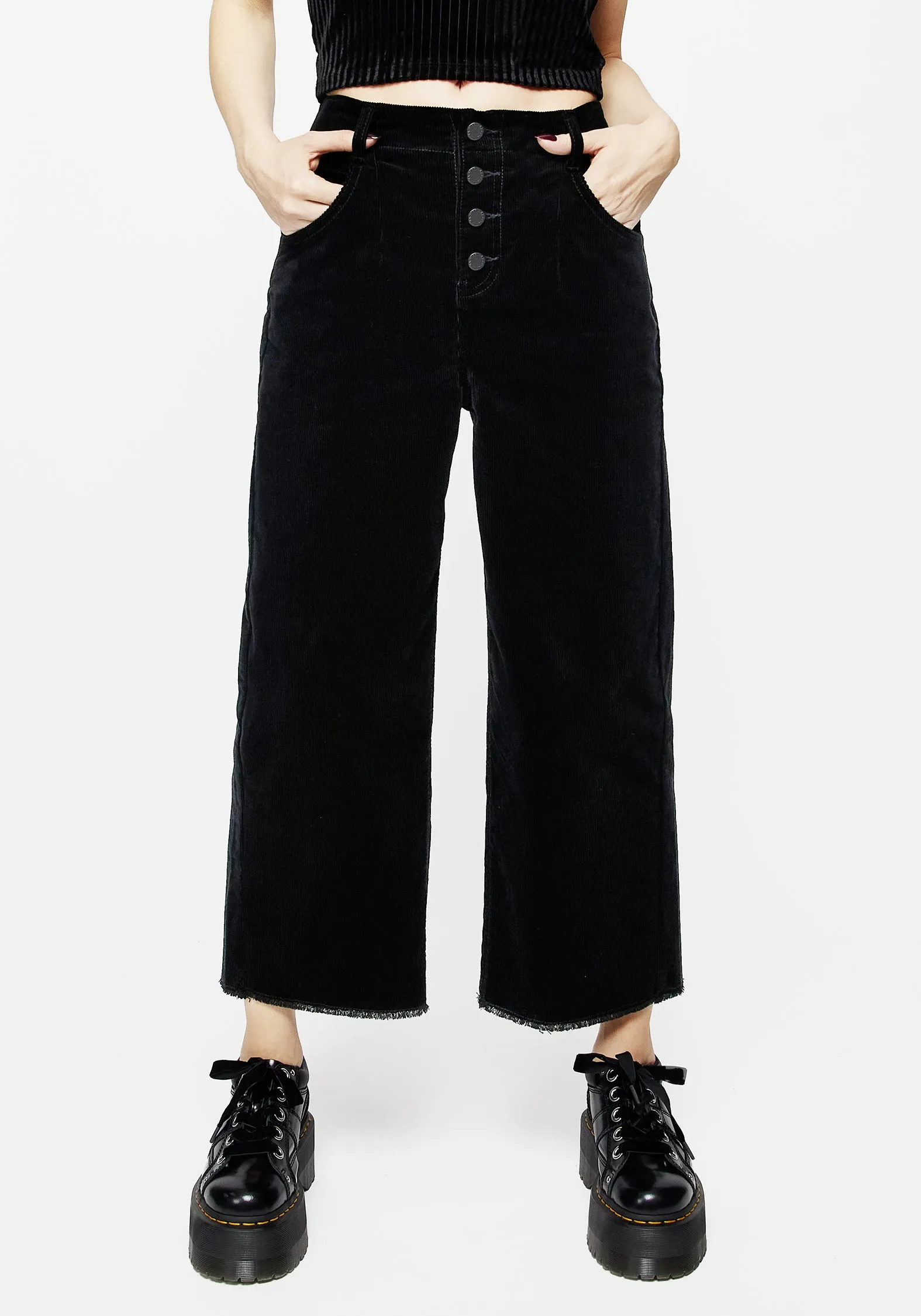 Durable Fabric Trend Neutral Foster Wide Leg Cord Crop Jeans - Black