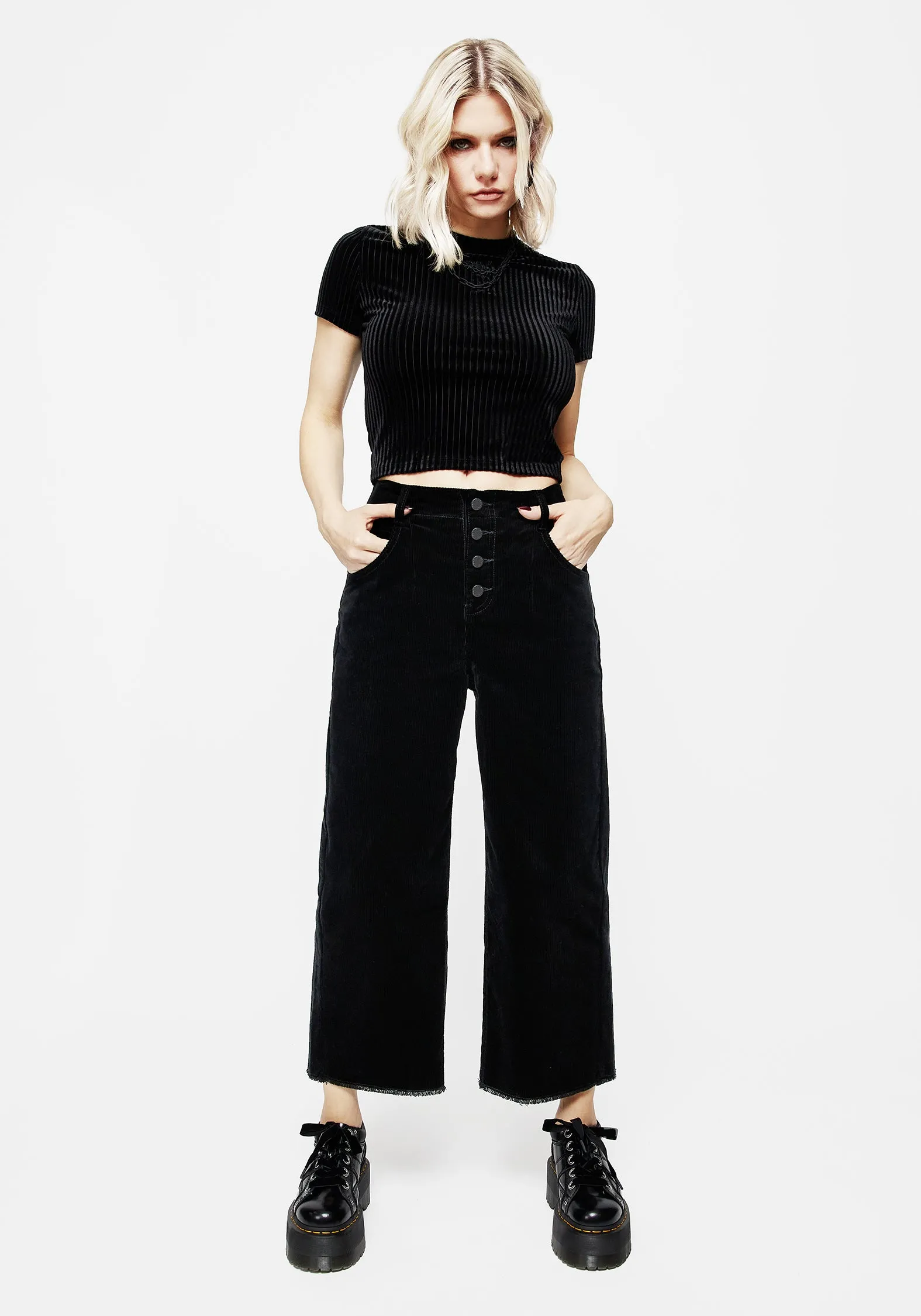 Eco Certified Textile Standards Foster Wide Leg Cord Crop Jeans - Black