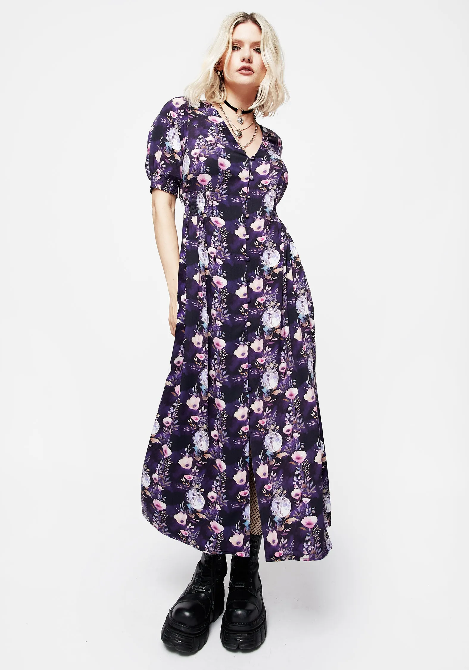 Print Glow Socordia Floral Moon Ruched Waist Midaxi Dress
