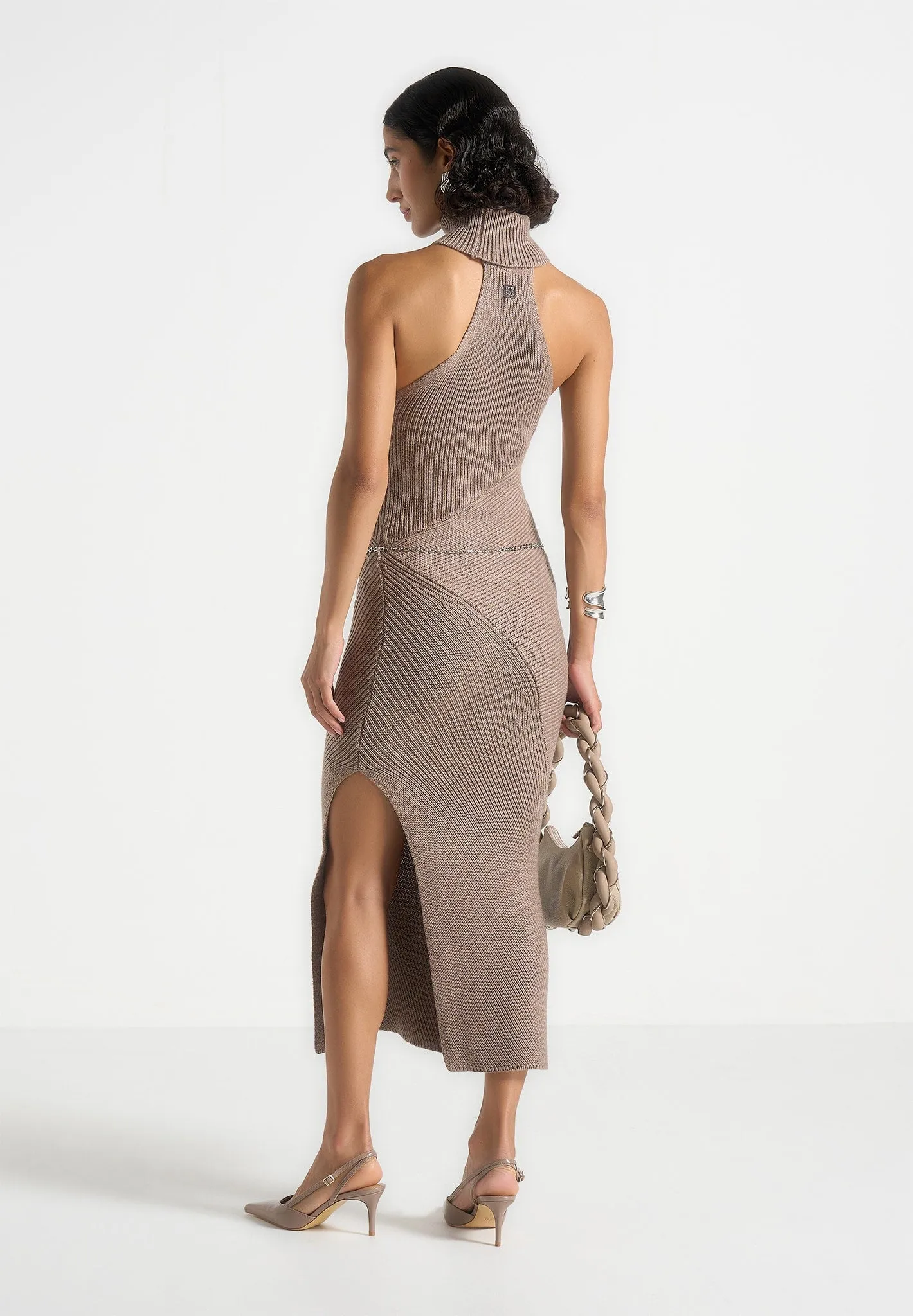 Belina - Halter Neck Knitted Maxi Dress With Chain - Taupe Soft Tones
