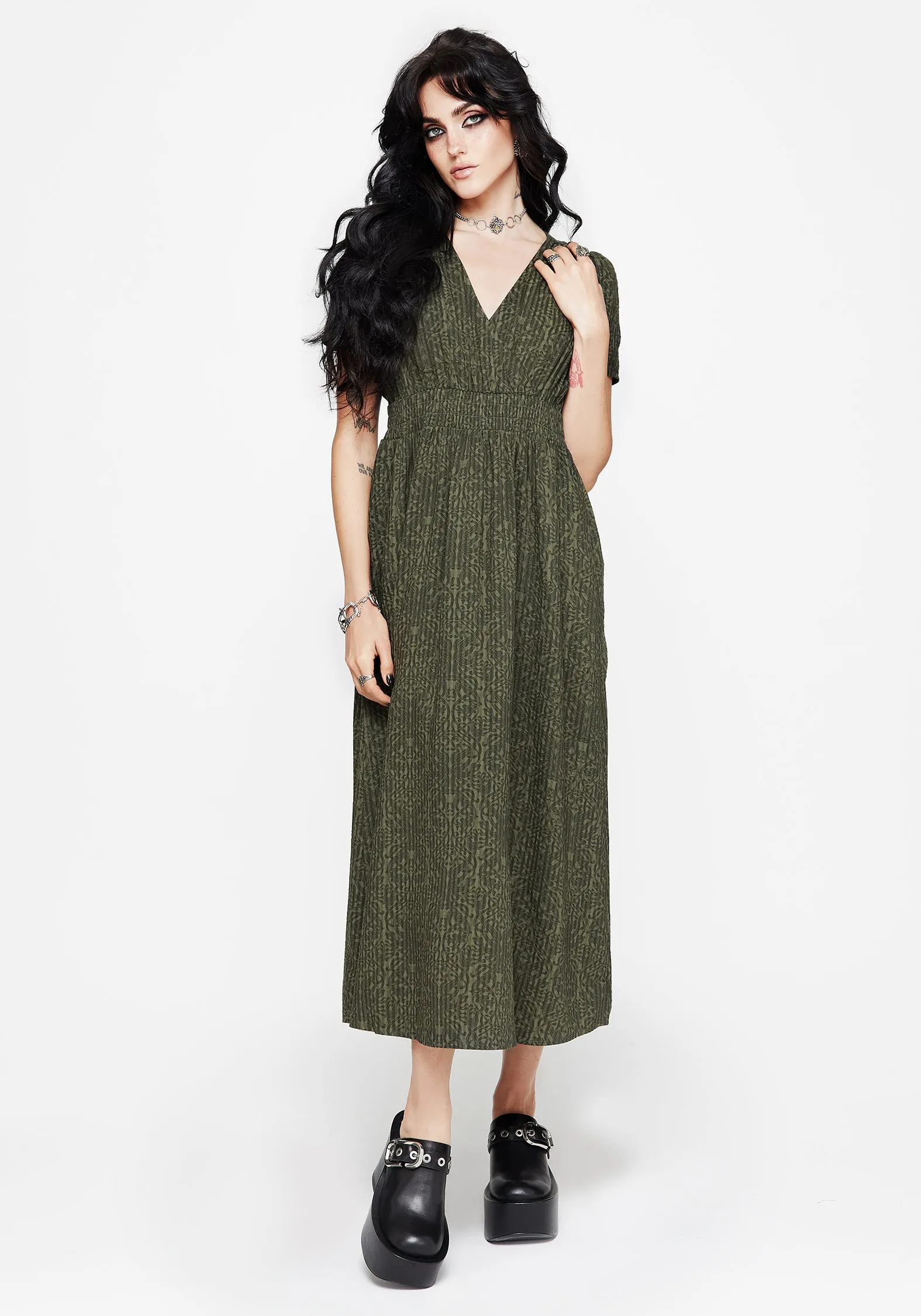 Francesca Dragon Printed Wrap Over Midaxi Dress Minimal Tone Tulle Flow