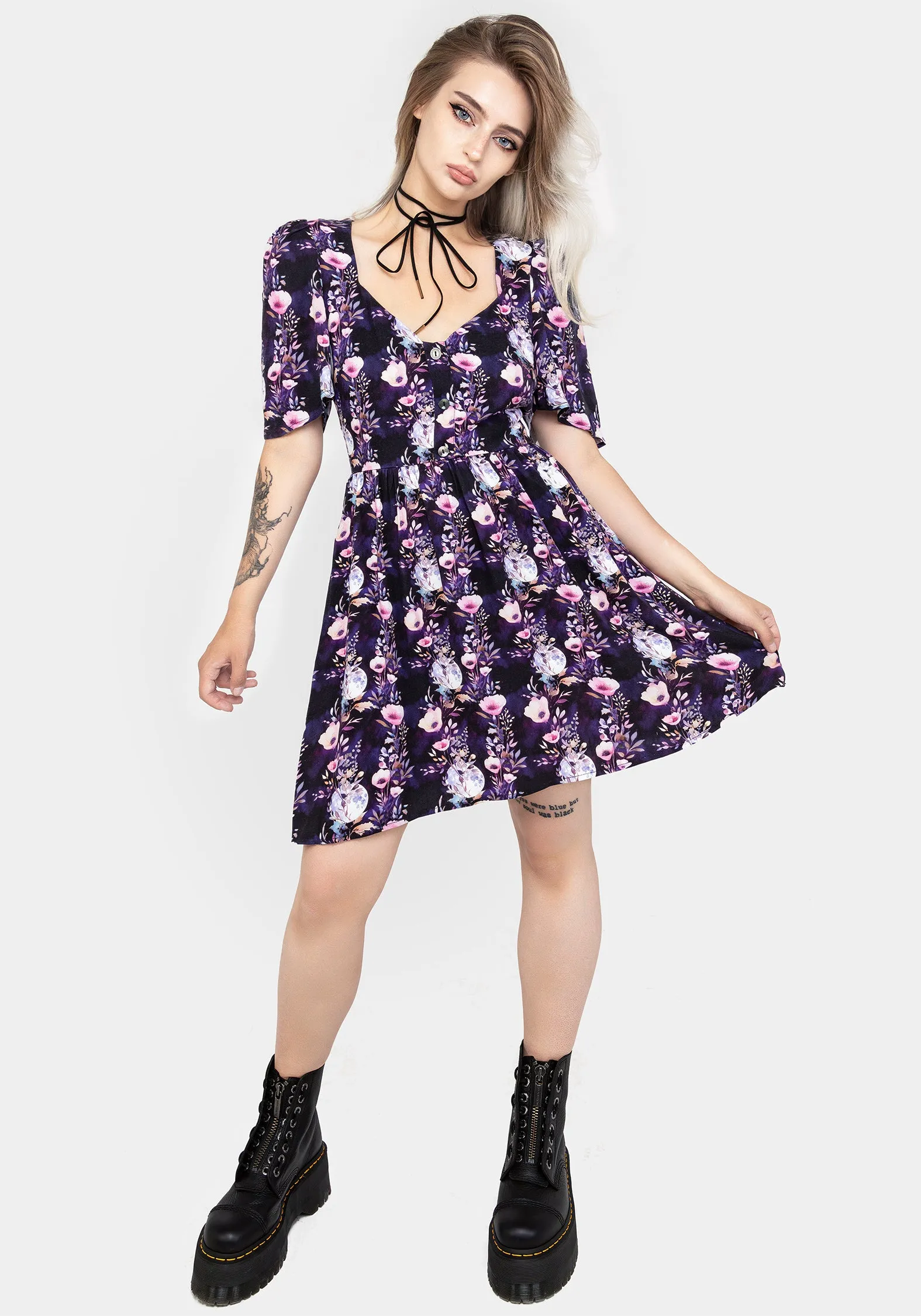 Socordia Floral Moon Button Front Mini Dress Glow Queen