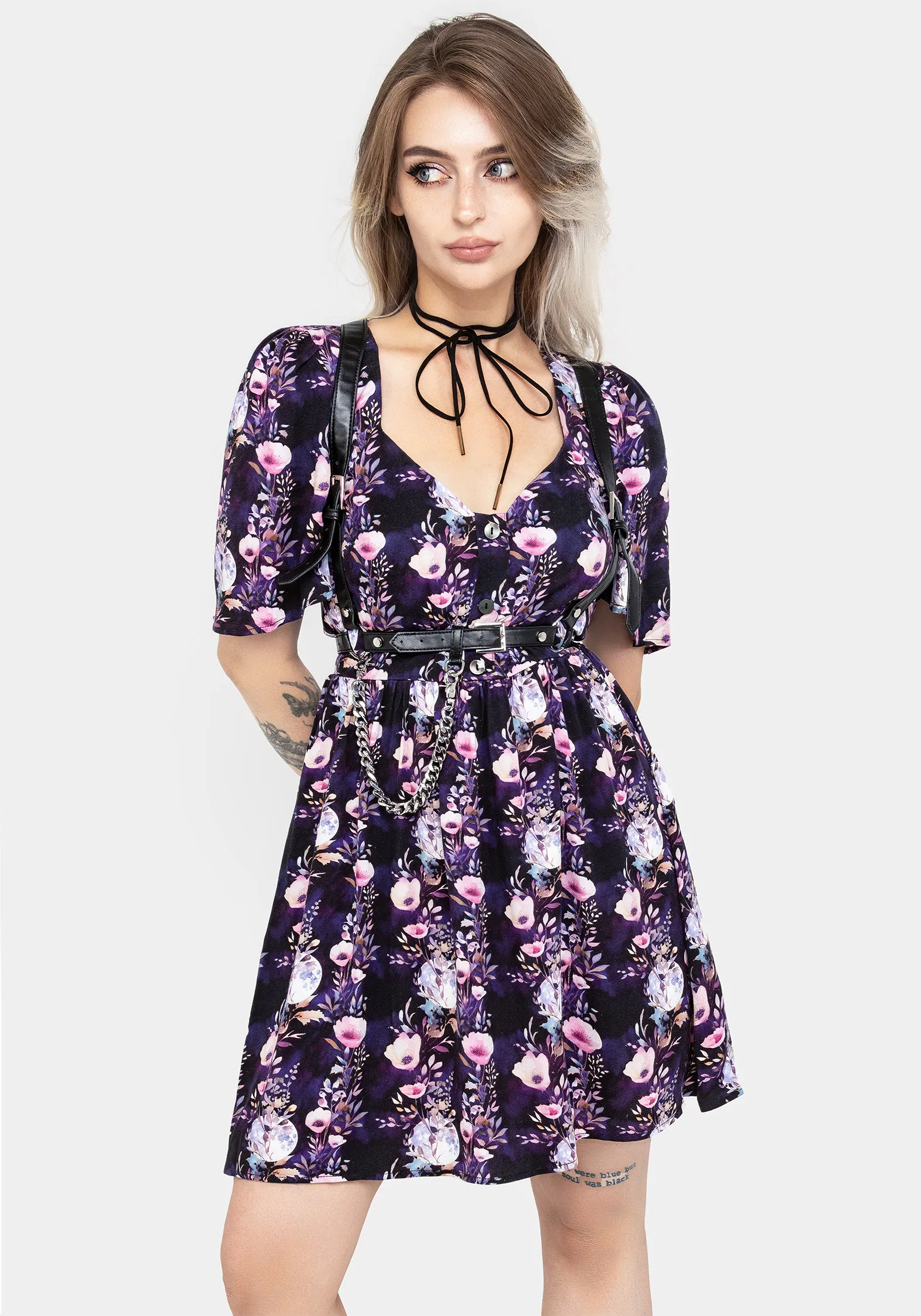Cozy Balance Perfect Cut Socordia Floral Moon Button Front Mini Dress
