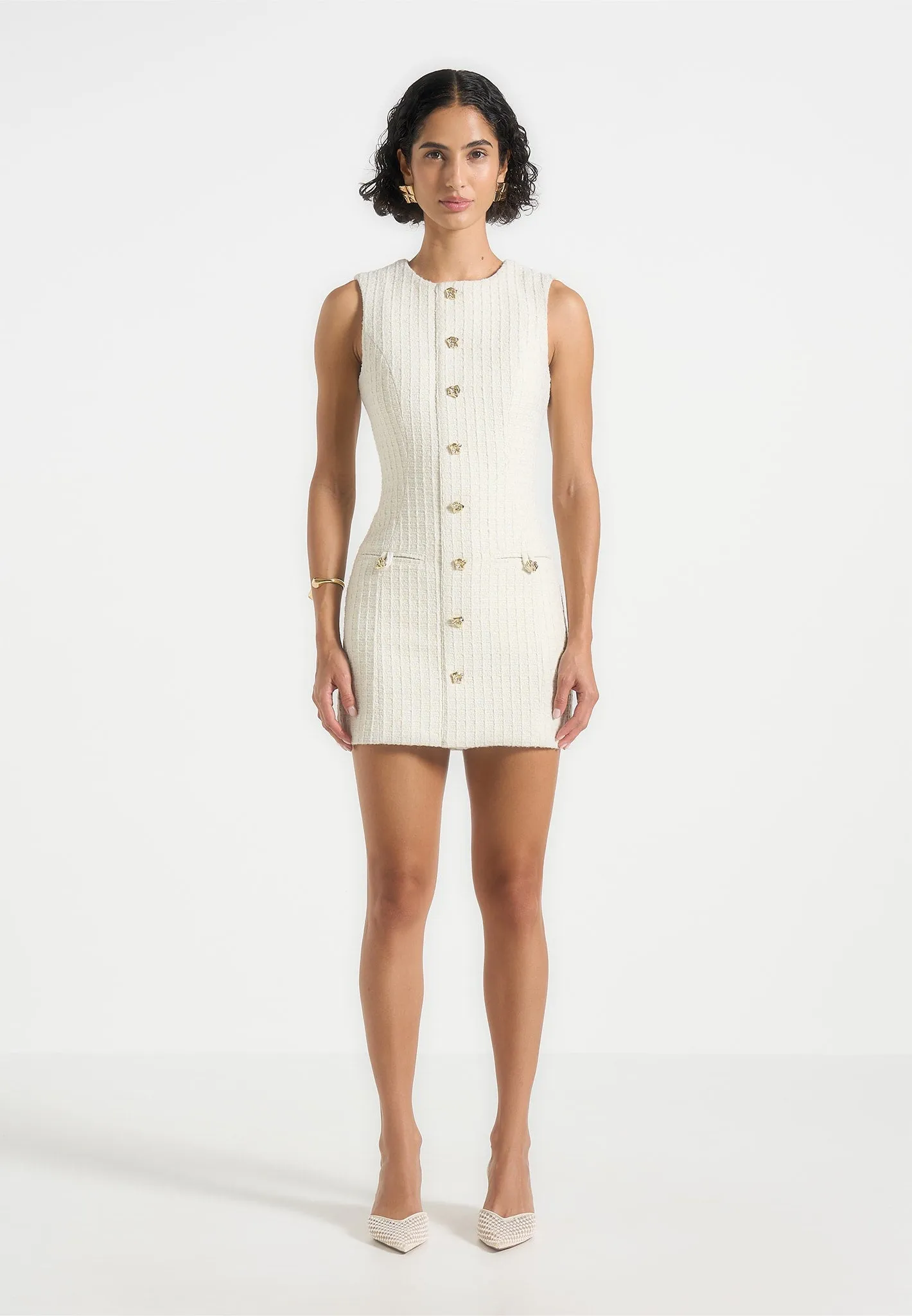 Nadine - Tweed Mini Dress - Cream Front-Slit Occasion Wear
