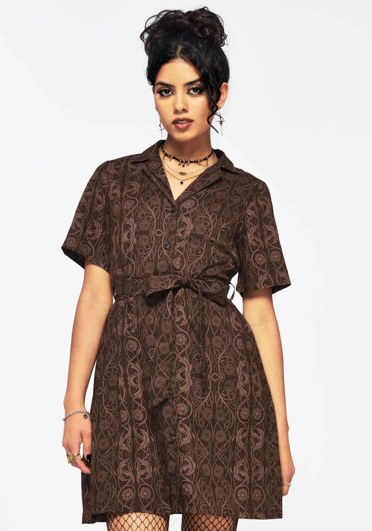 Fianna Button Front Mini Dress - Brown Balanced Tones
