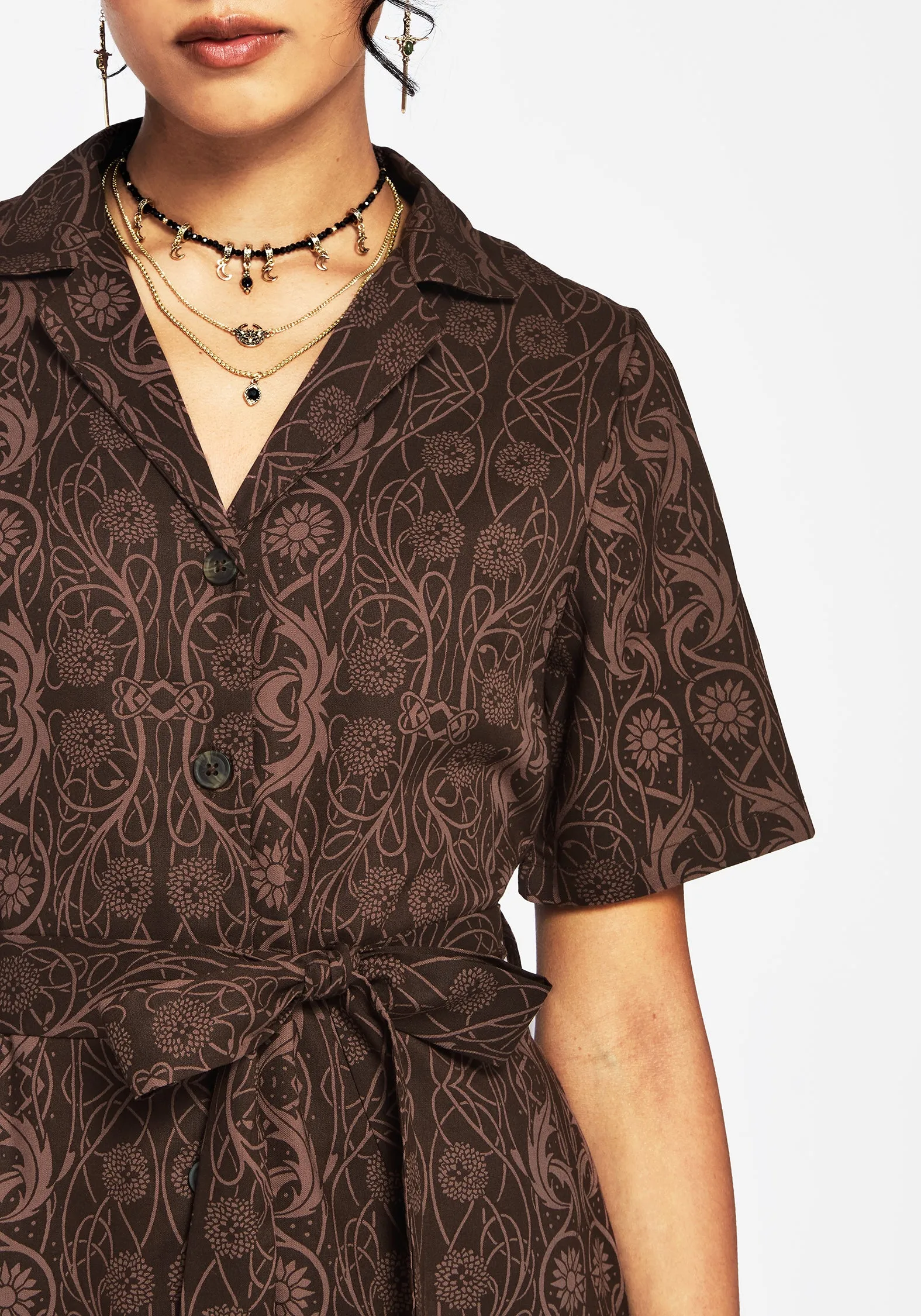 Fianna Button Front Mini Dress - Brown Cool Elegance Pretty Glow