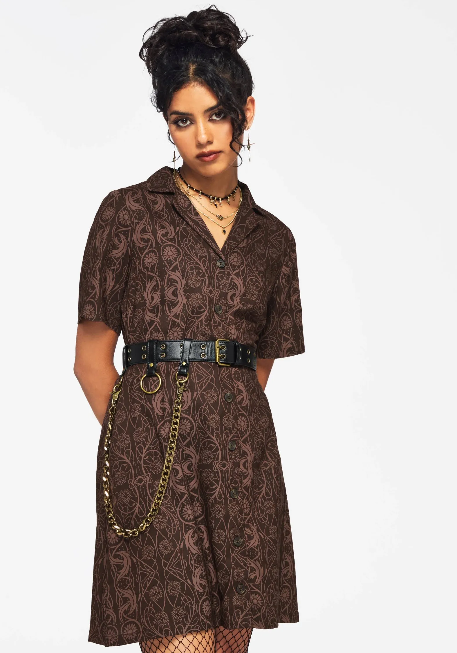 Fianna Button Front Mini Dress - Brown Silk Flow Smooth Lines