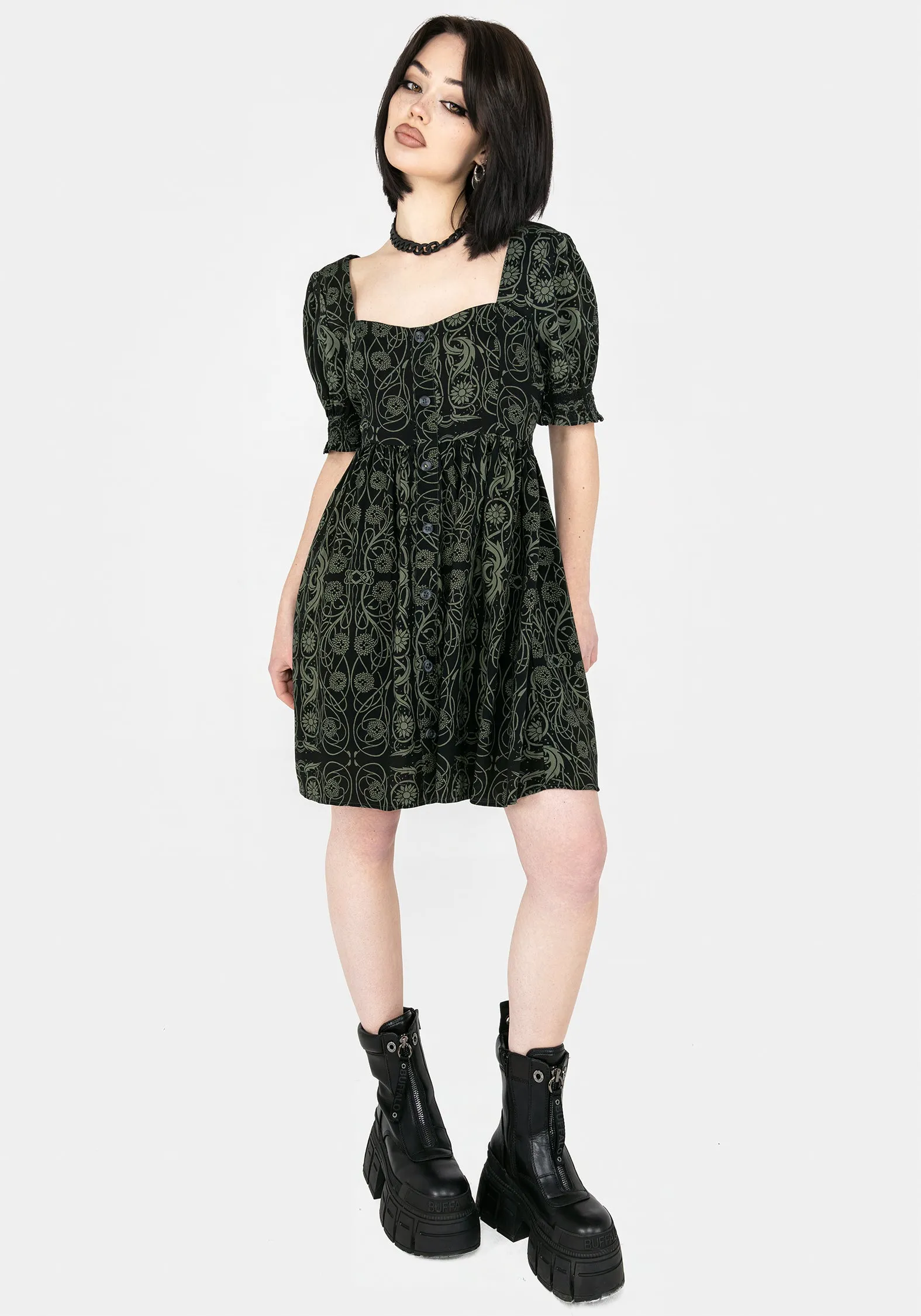Ruffle Hem Lace-Edge Fianna Button Front Mini Dress