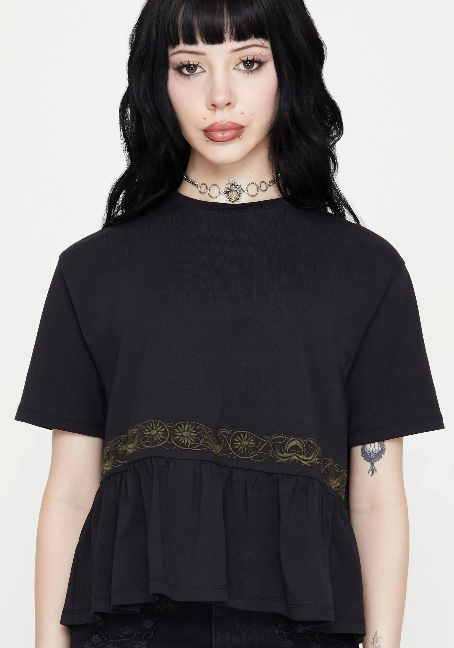 Fianna Embroidered Ruffle Hem Crop T-shirt Heather Jersey Material Minimalist Look