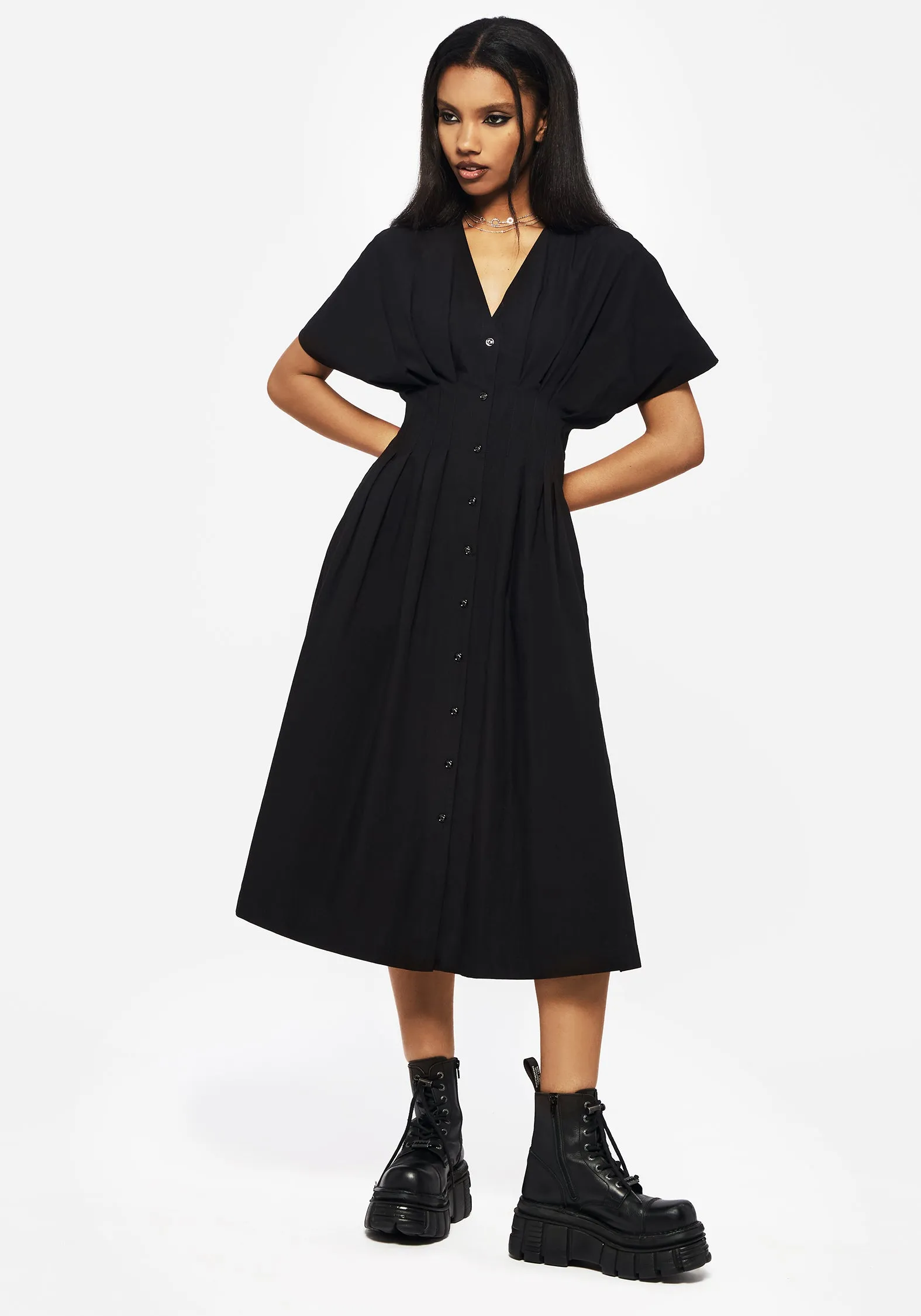 Decorative-Design Curve Friendly Finis Cotton Button Up Midi Shirt Dress