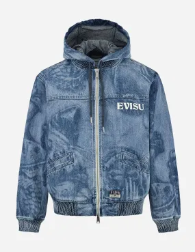 Fisherman Godhead Laser Print Loose Fit Hooded Denim Jacket Reinforced Neckline FlexibleNeckline