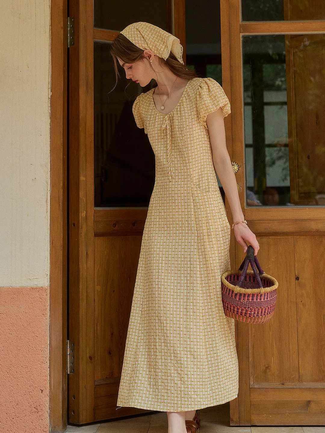 Feminine Line Willow Round Neck Plaid Puff Sleeve Viscose Dress - Yellow
