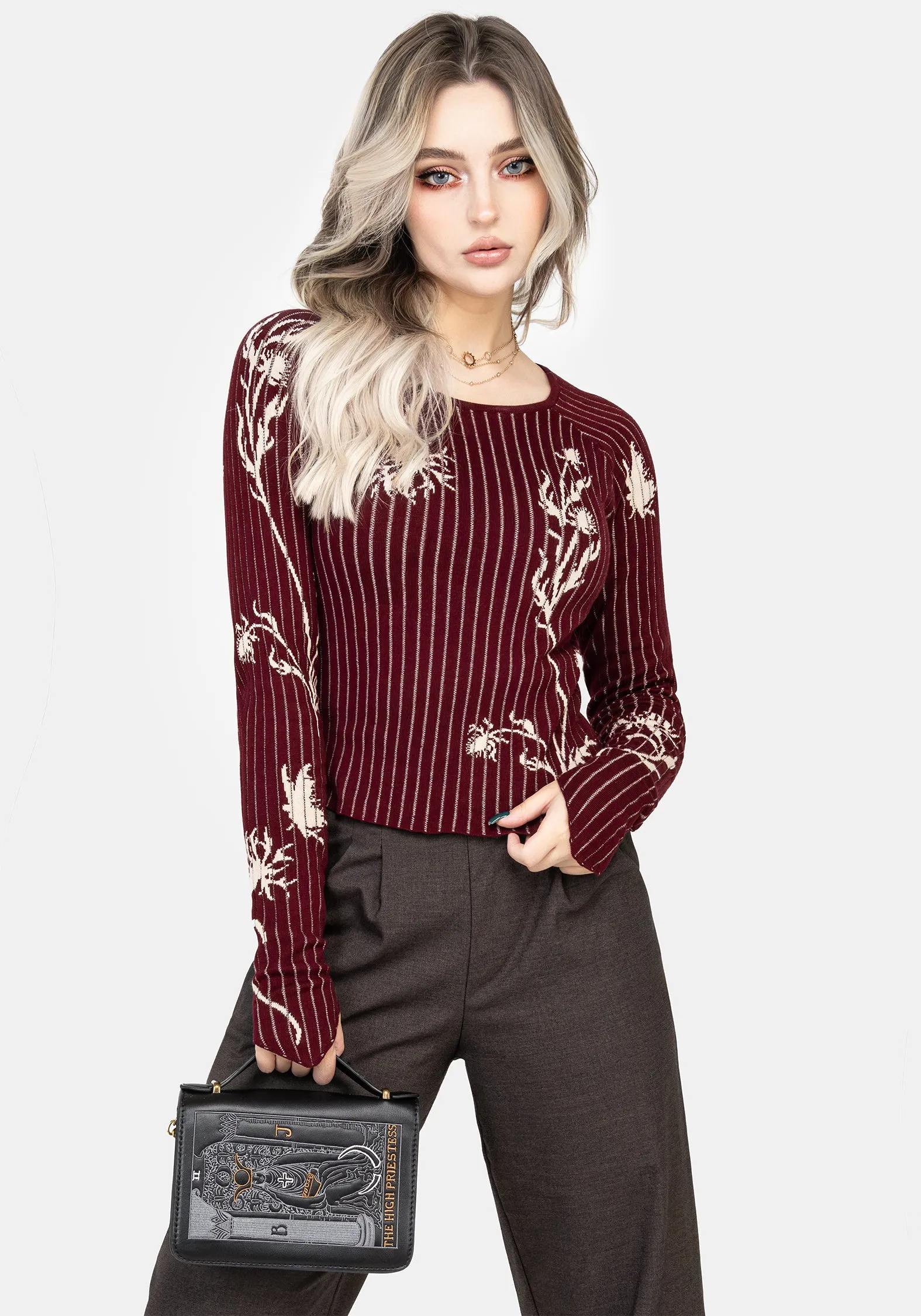 Diastella Floral Jacquard Rib Knit Raglan Sleeve Top - Red Hooded Neckline Option