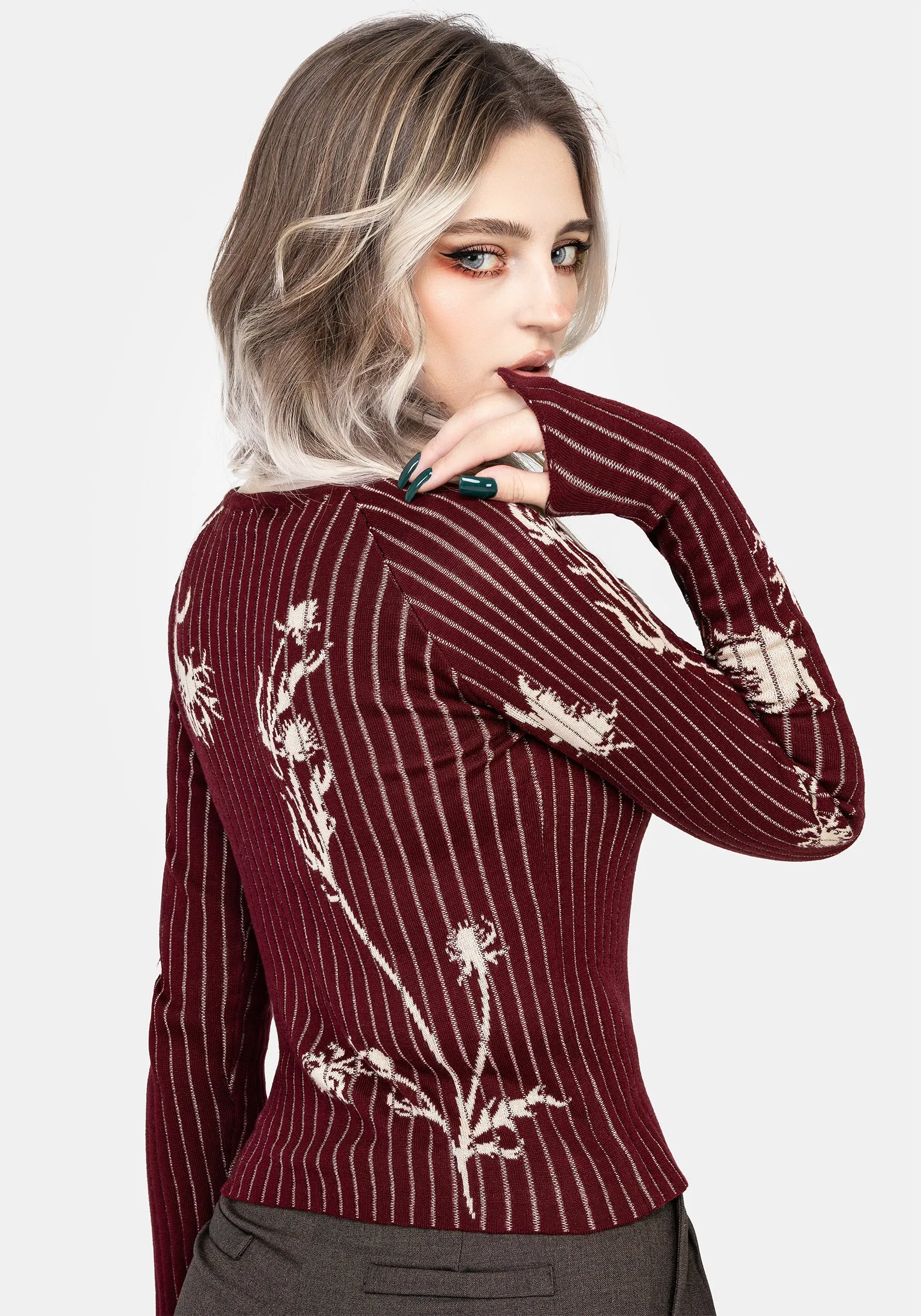 Simple Form Stretch Ribbing Diastella Floral Jacquard Rib Knit Raglan Sleeve Top - Red