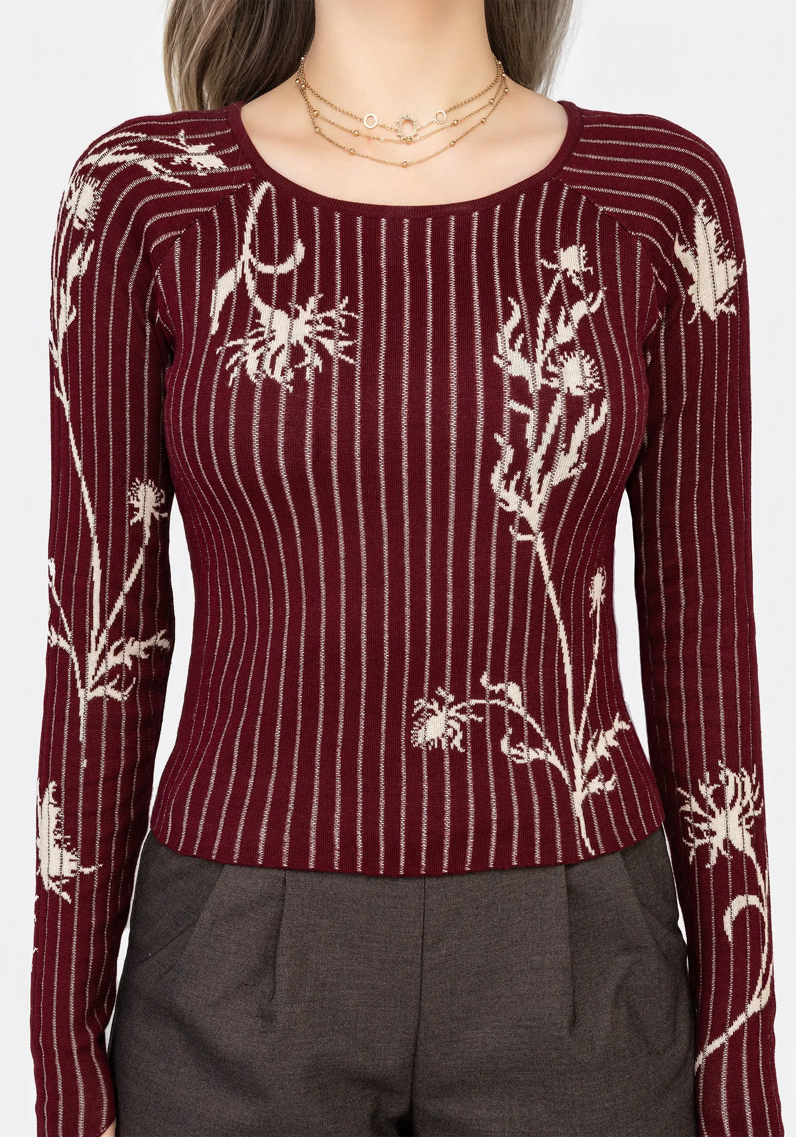 Diastella Floral Jacquard Rib Knit Raglan Sleeve Top - Red Abrasion Resistant Yarn