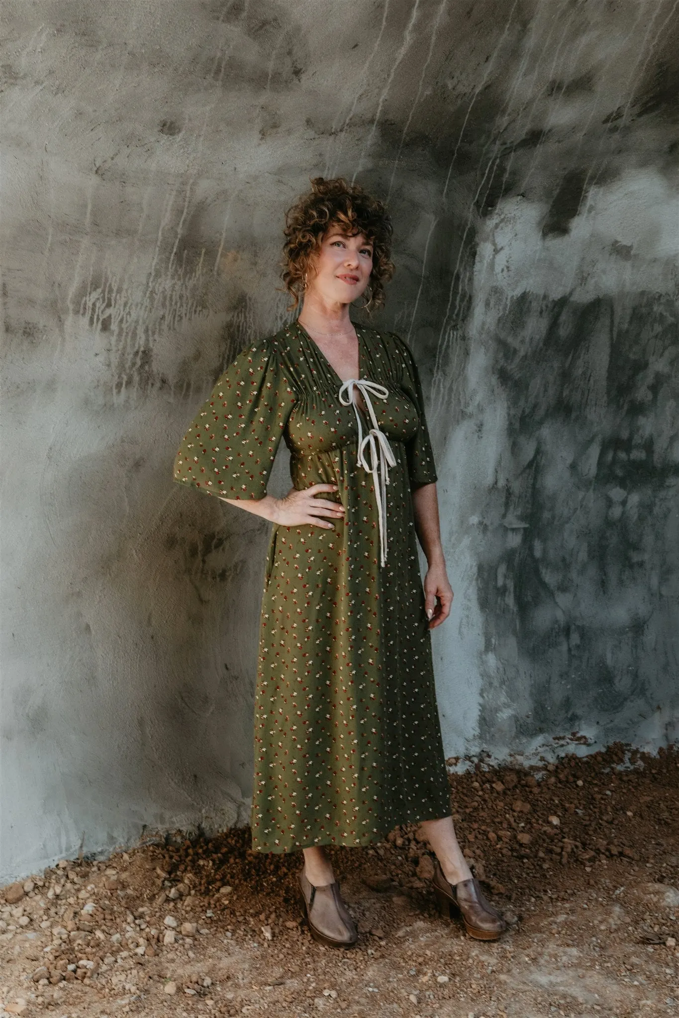 Casual Tones Work or Casual Tyrah Dress in Green Floral Calico Crepe