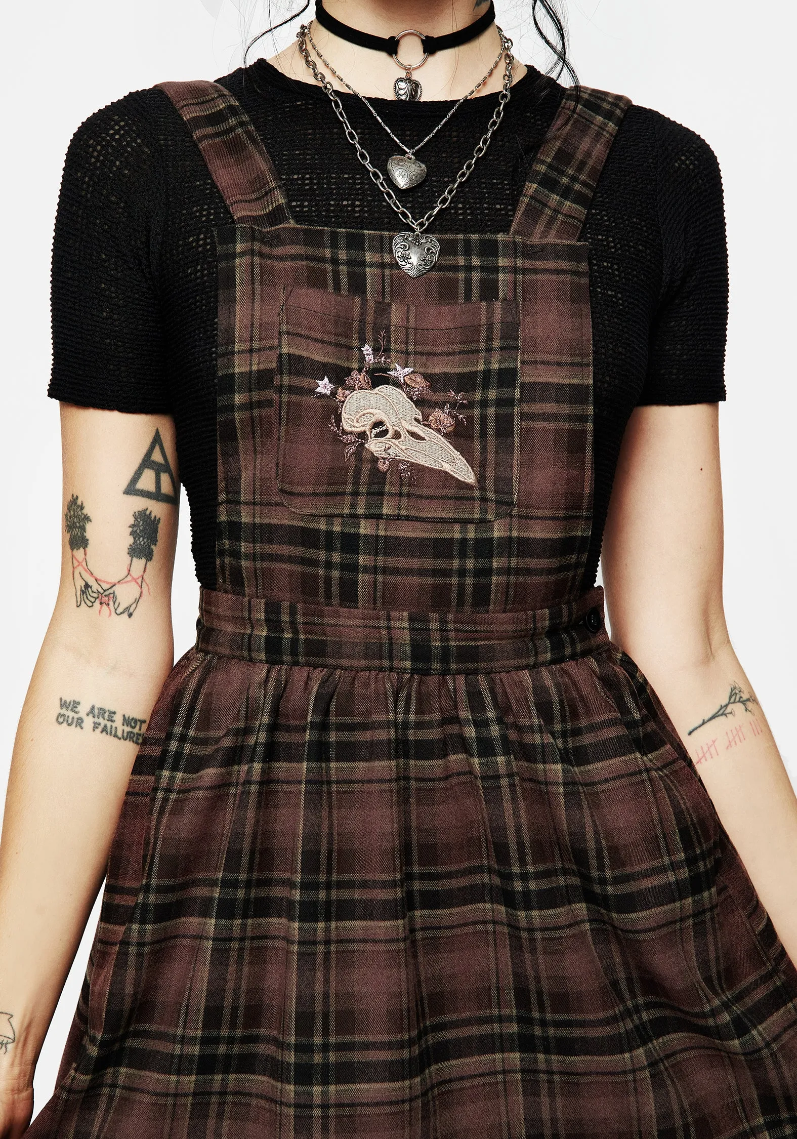 Hickory Embroidered Check Mini Pinafore Dress Back-Zip Scalloped-Edge