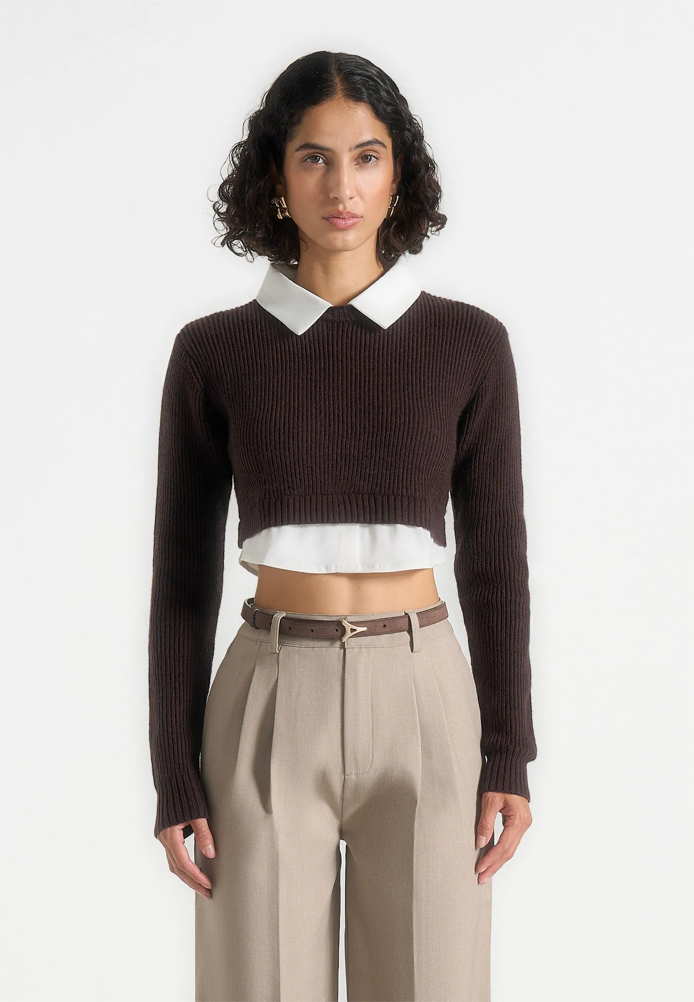 Durable Ribbed Hem Reinforced Shoulder Seams Flavie - Knitted Jumper With Shirt Detail - Brown