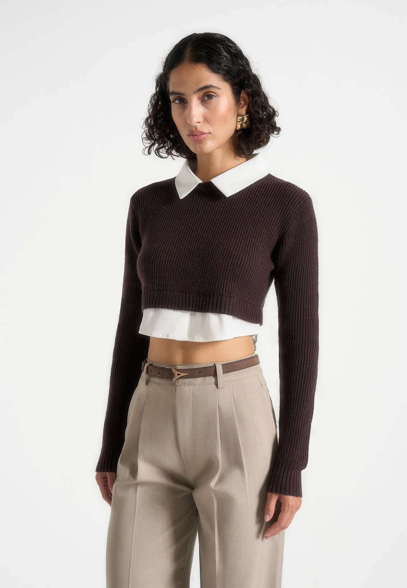 Relax Outfit Trendy Wear Flavie - Knitted Jumper With Shirt Detail - Brown
