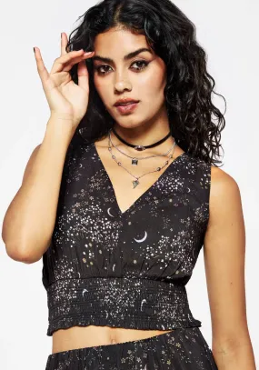 PolyesterBlend Hidden Button Placket Peaseblossom Celestial Smocked Waist Top