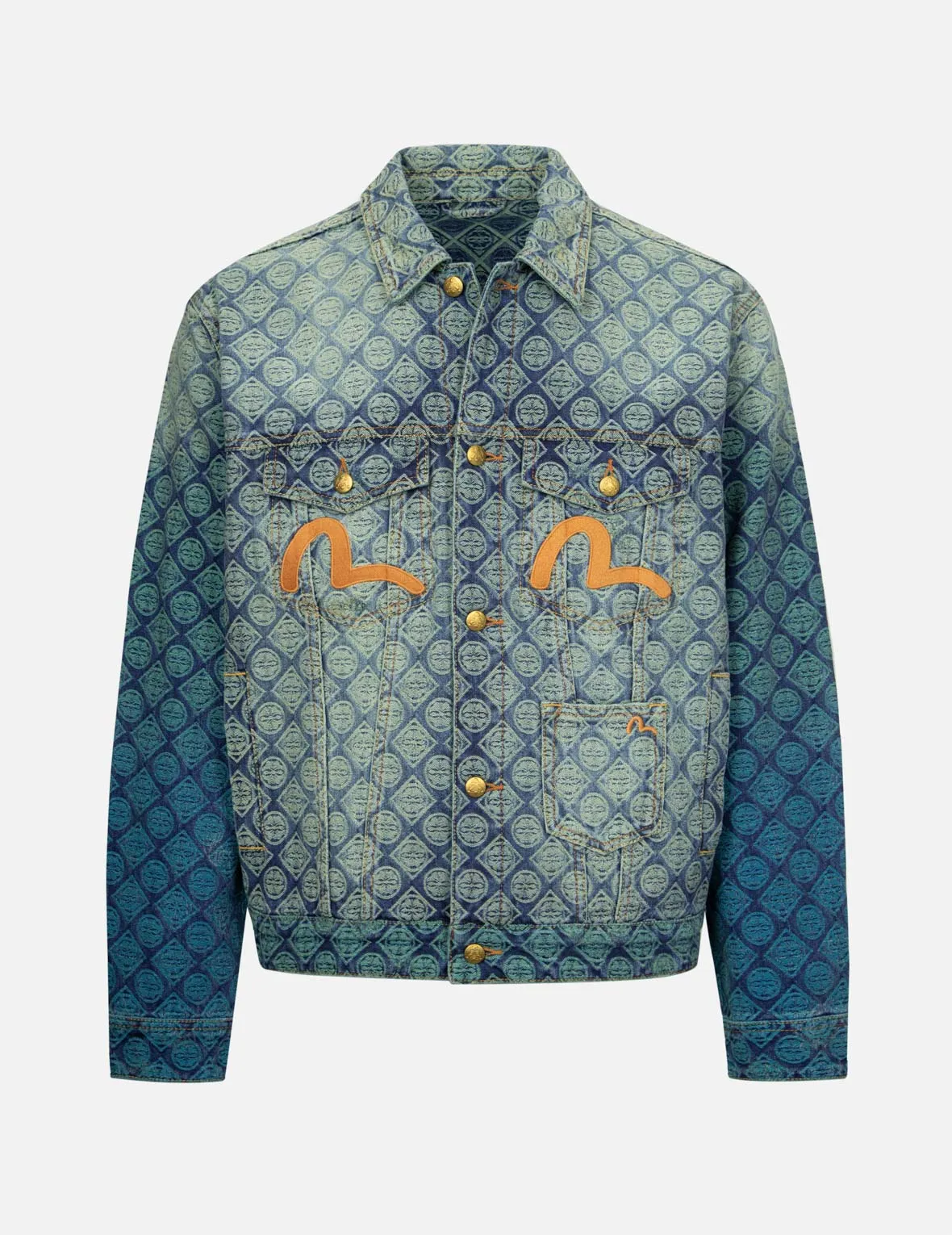 Gradient Allover Kamon Jacquard and Seagull Embrodiery Relax Fit Denim Jacket Cold Weather Sport Top