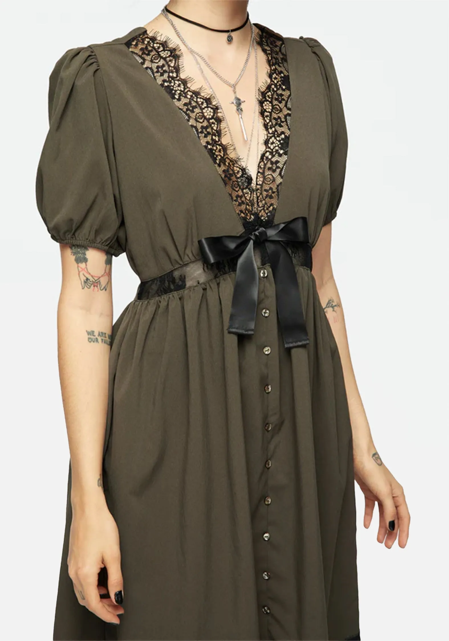 Airy Fabric Mortuary Lace Button Up Midi Dress in Tea Leaf