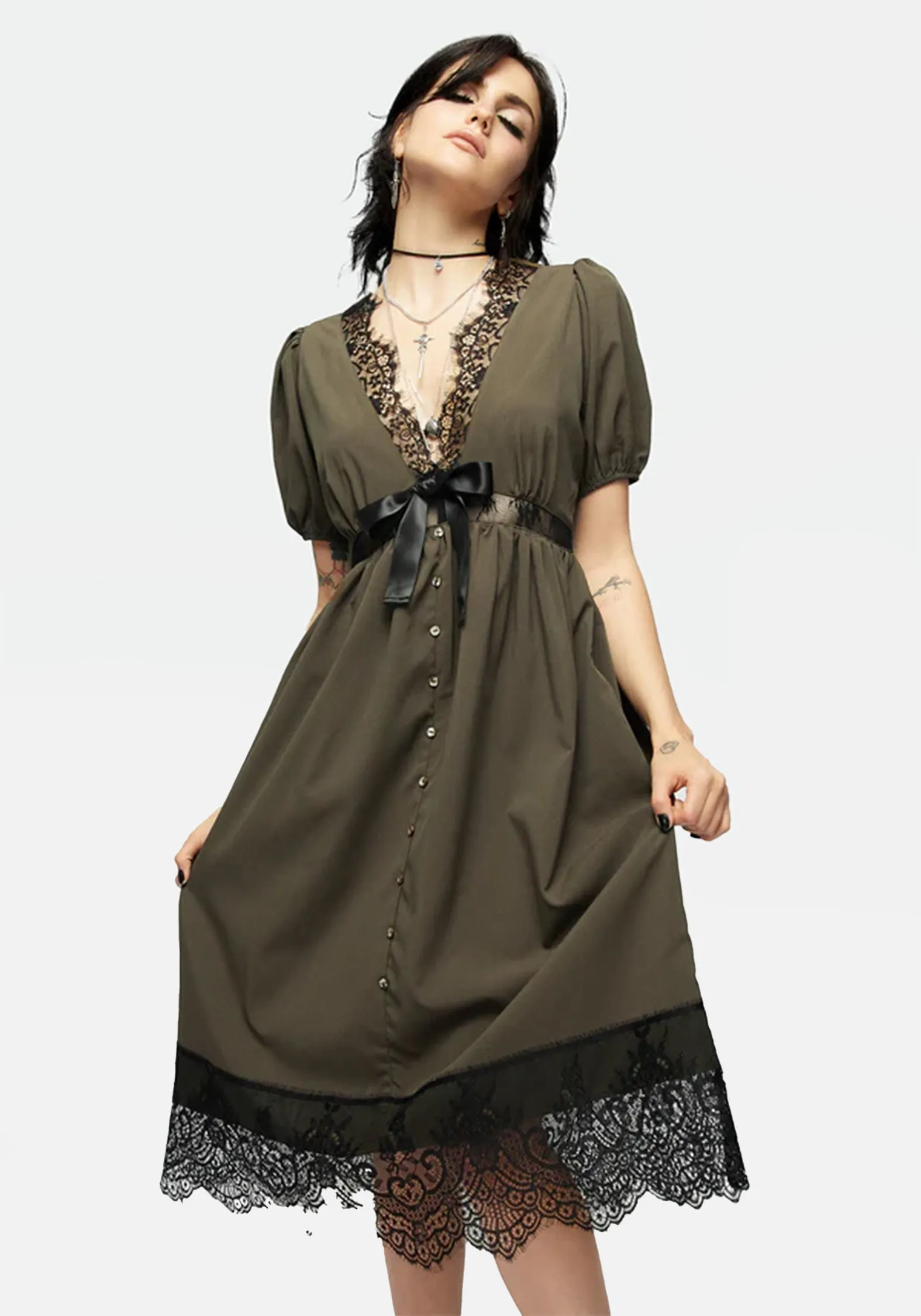 Mortuary Lace Button Up Midi Dress in Tea Leaf Light Shape