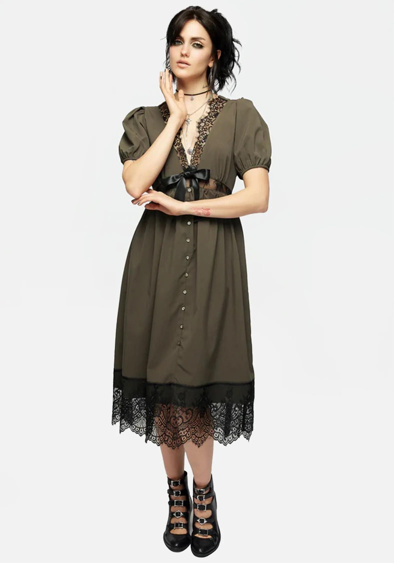 Mortuary Lace Button Up Midi Dress in Tea Leaf Trendy Fit
