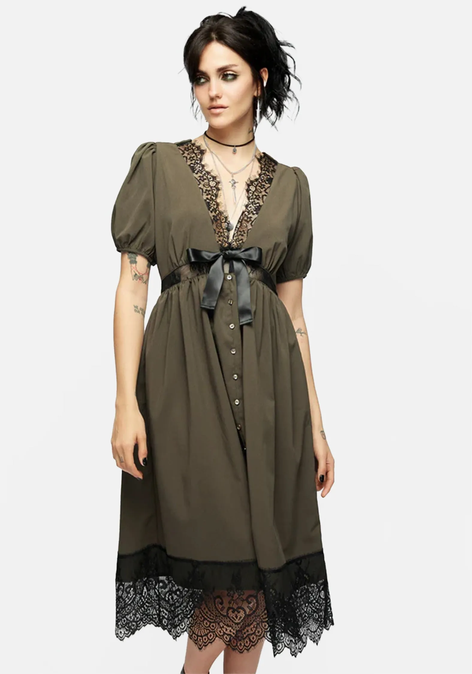 Timeless Design Mortuary Lace Button Up Midi Dress in Tea Leaf
