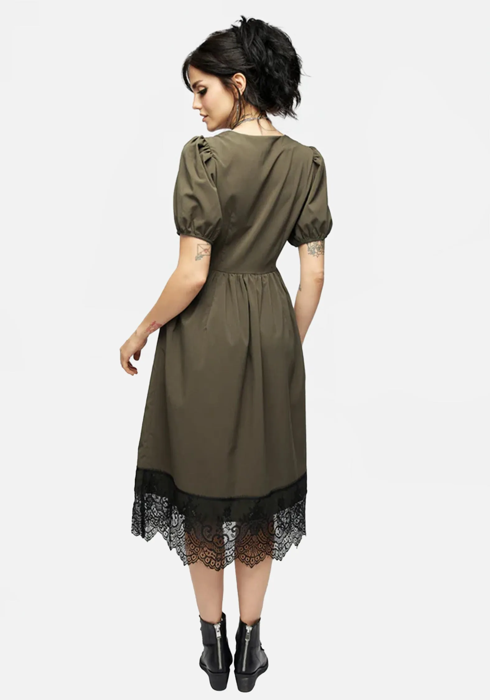 Casual chic midi Mortuary Lace Button Up Midi Dress in Tea Leaf