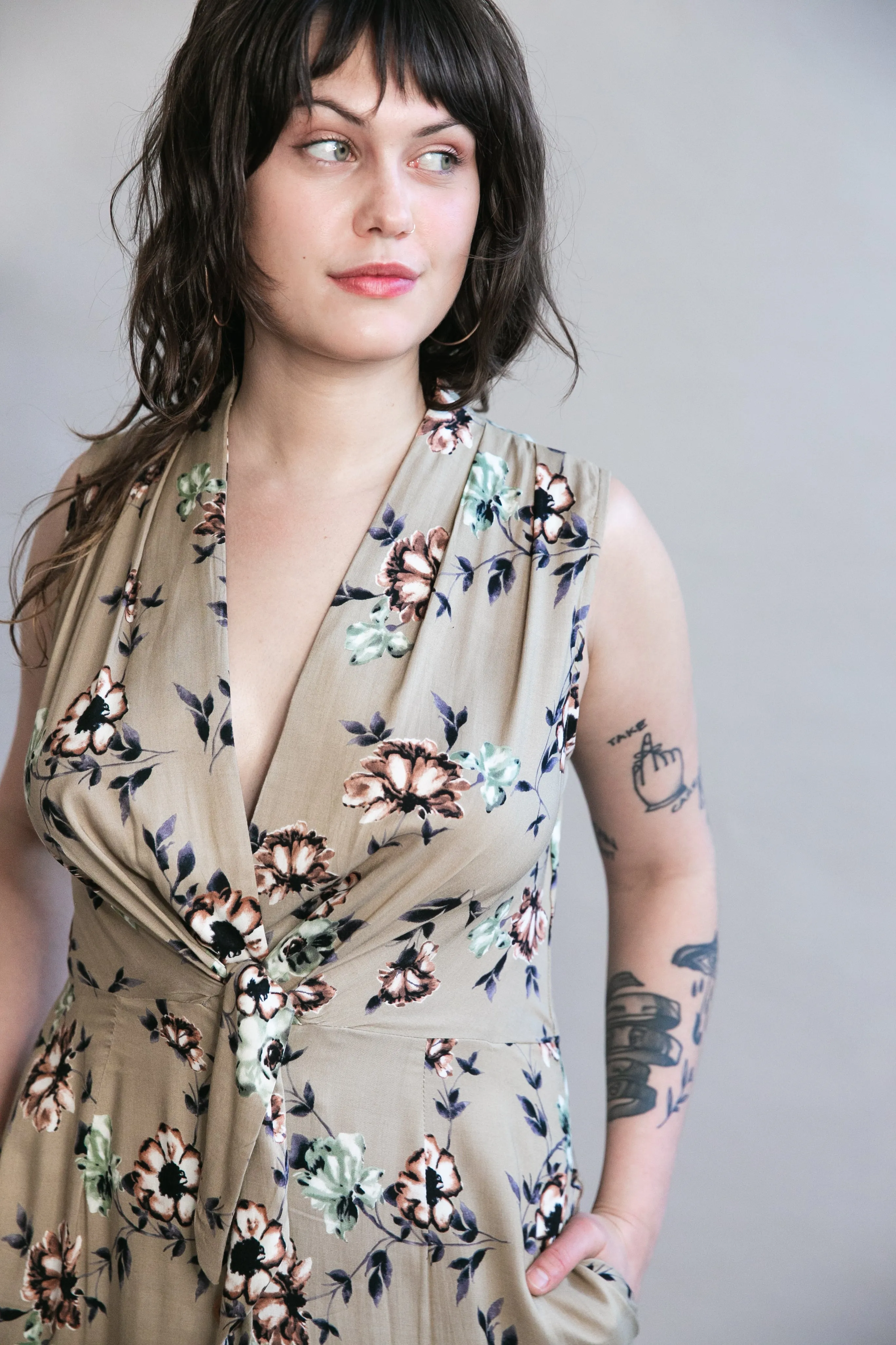 Silky Layer Embroidered-Sleeve Paloma Dress in Taupe Floral