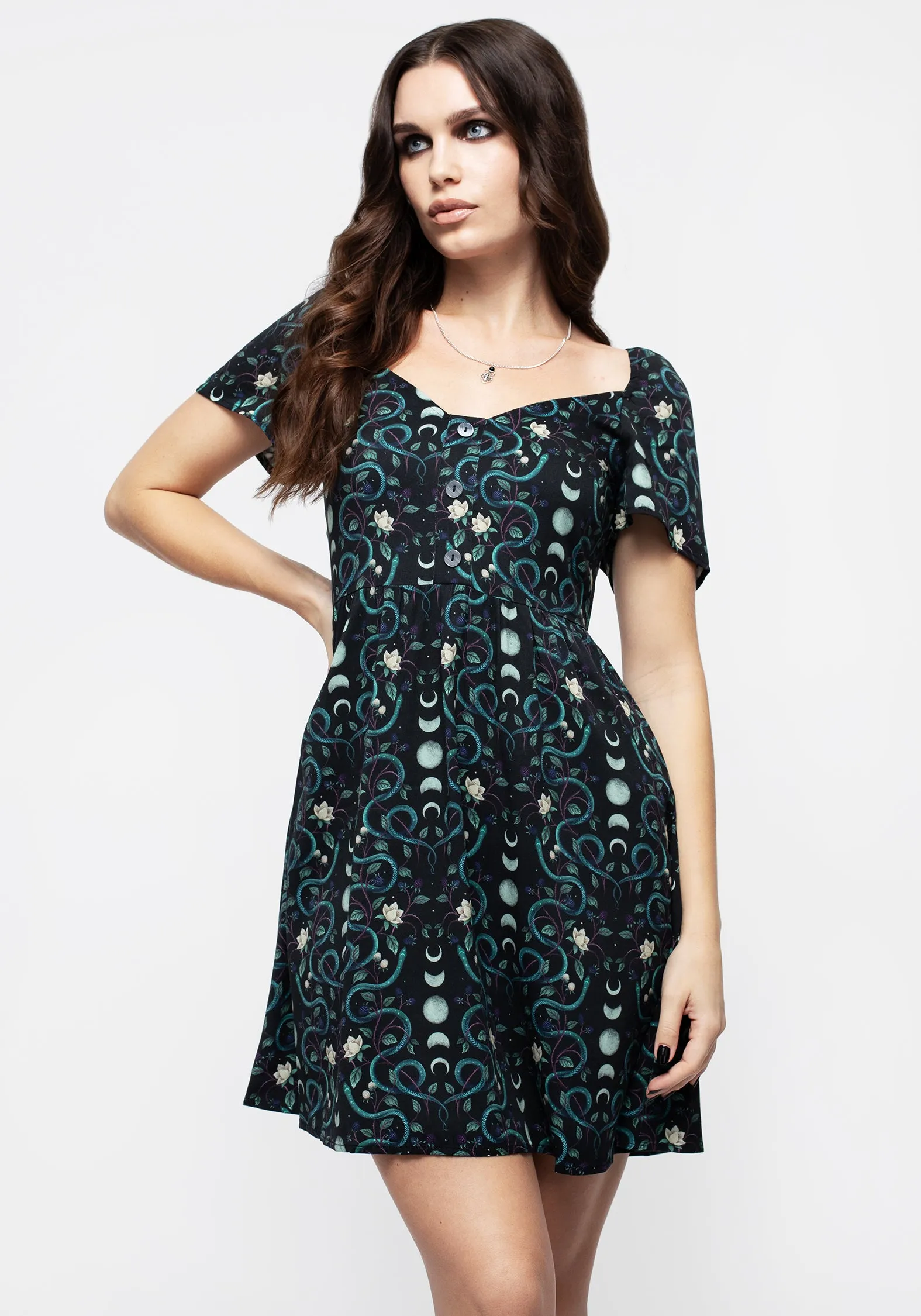 Anti-bacterial Evening Mood Pythia Print Button Front Mini Dress