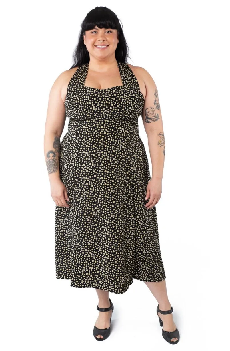 Iris Dress in Black and Creme Dot Silk Air Cozy Texture
