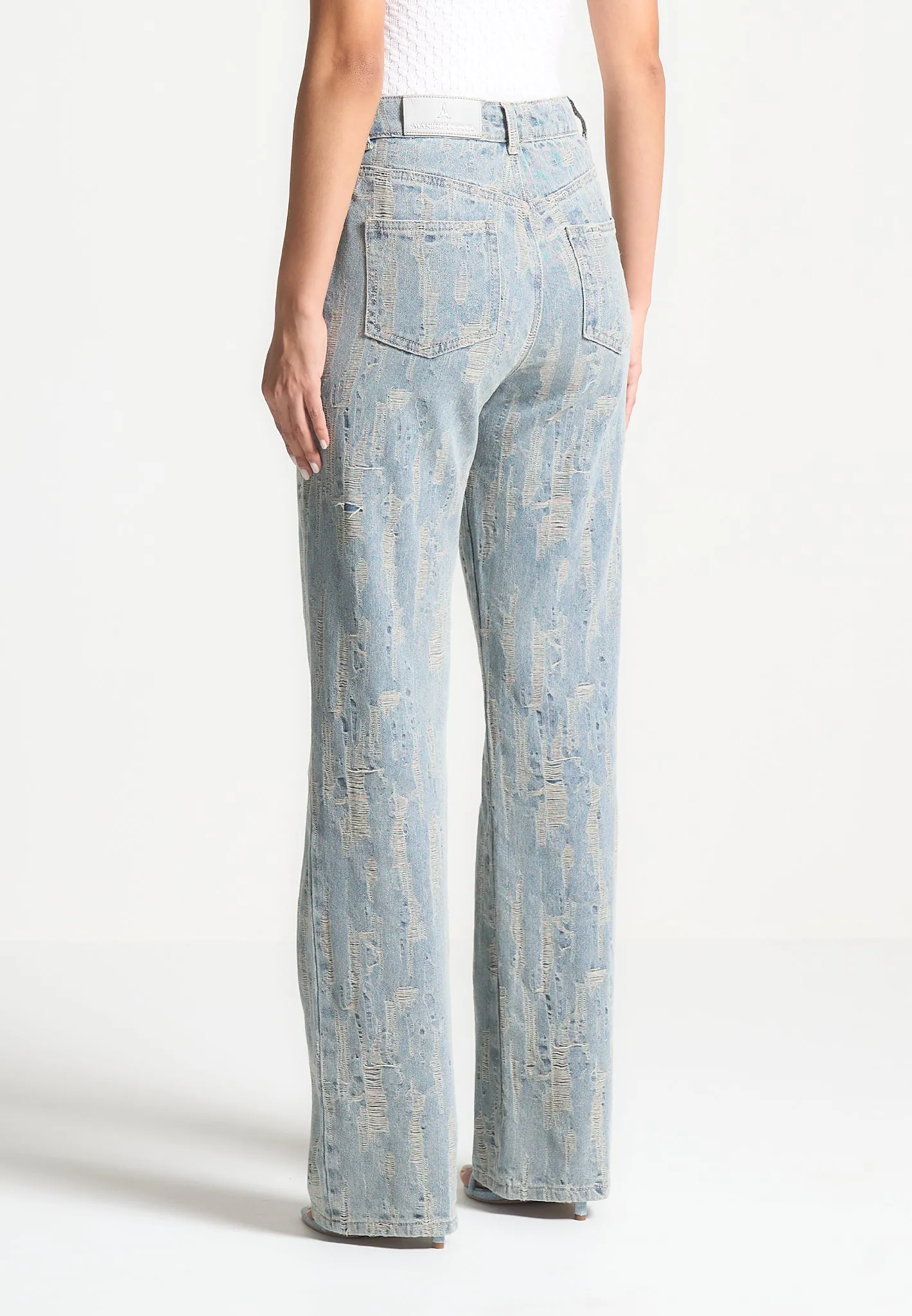 Wear Anytime Garment Dyed Technique Florence - Distressed High Rise Straight Leg Jeans - Mid Blue