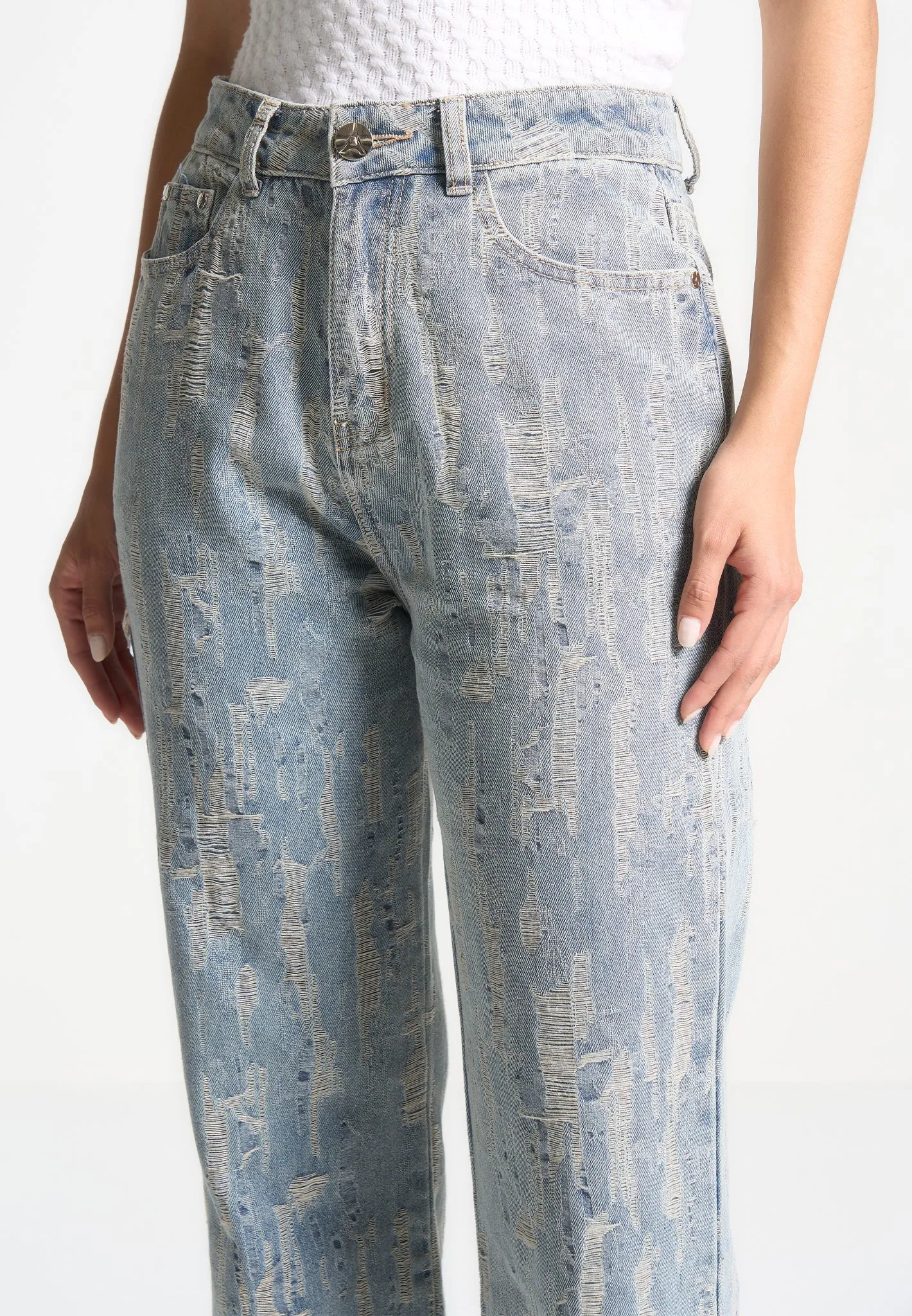 Florence - Distressed High Rise Straight Leg Jeans - Mid Blue Flexible Match Affordable Beach Day