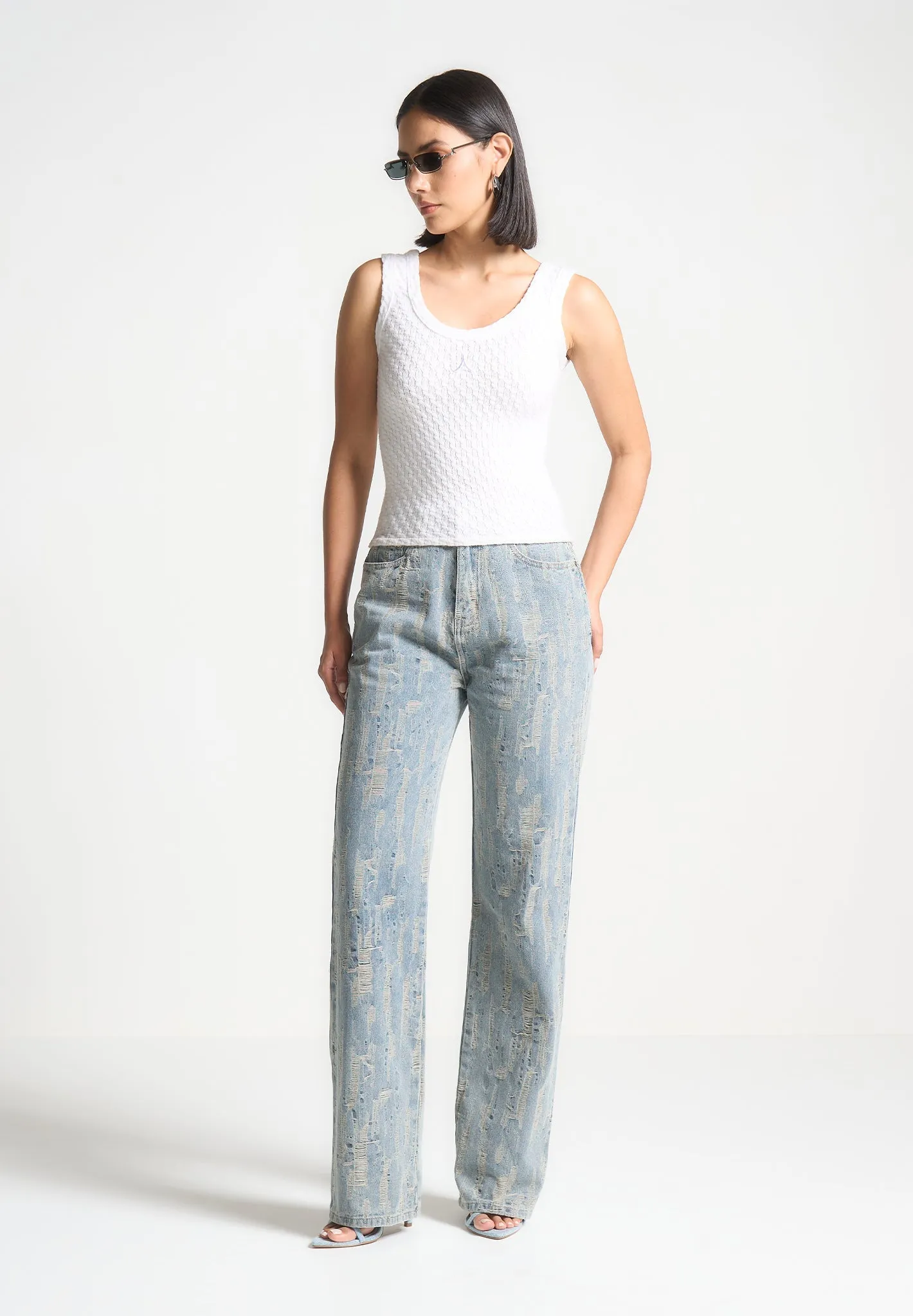 Plain style Florence - Distressed High Rise Straight Leg Jeans - Mid Blue