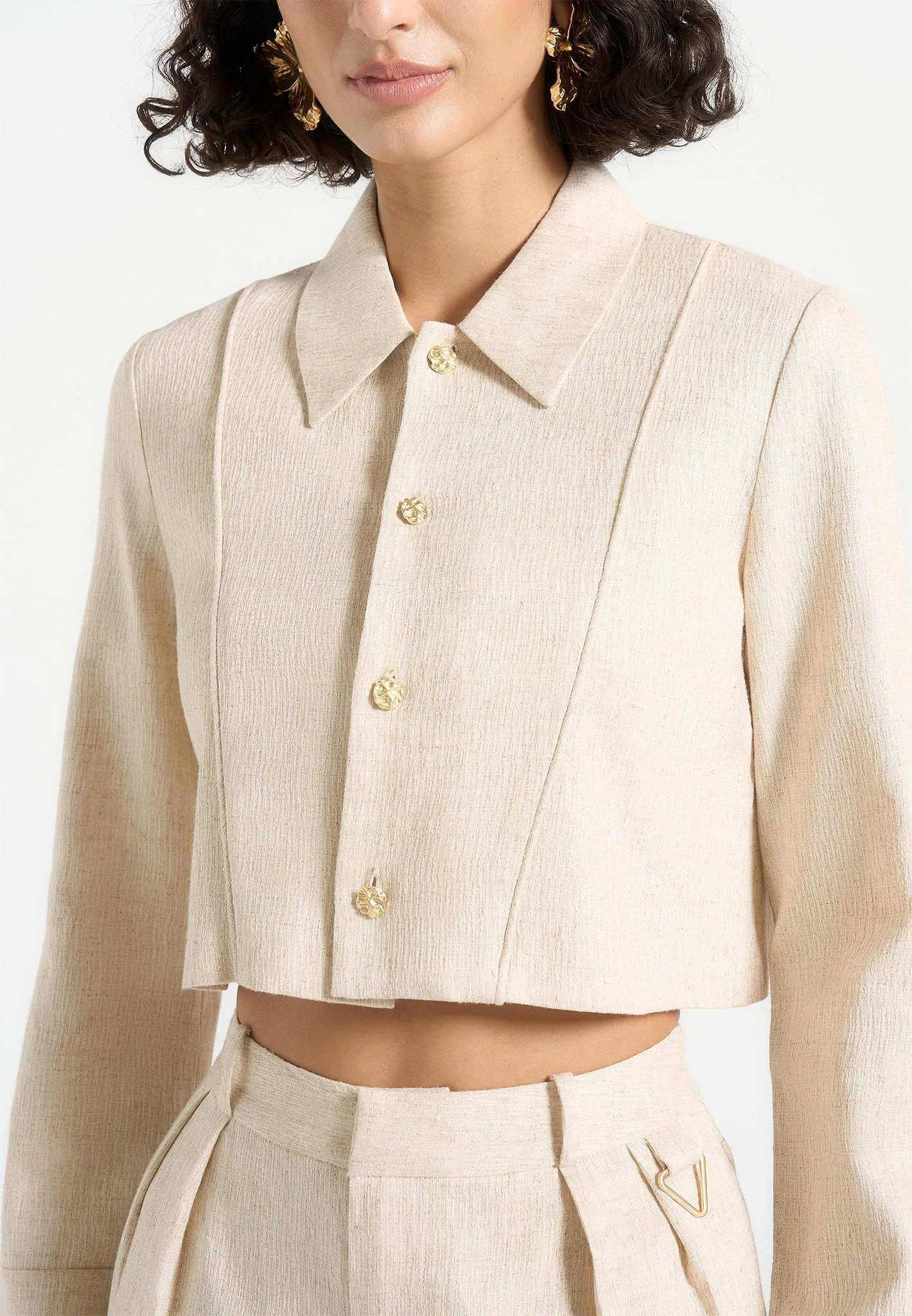 Reinforced Shoulders Florine - Linen Pintuck Cropped Shirt - Natural