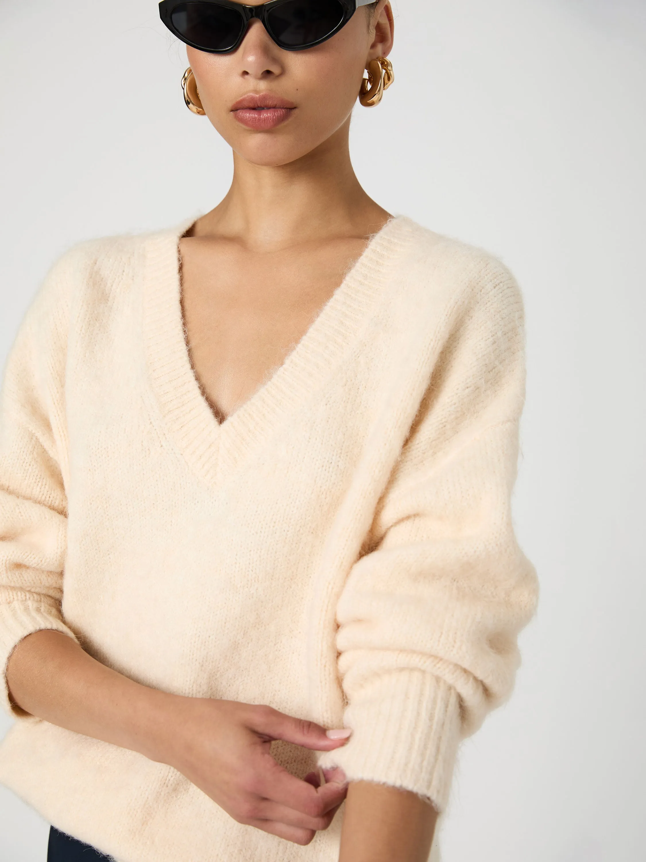 Travel Wear Fluffy Knit V Neck Oversized Sweater