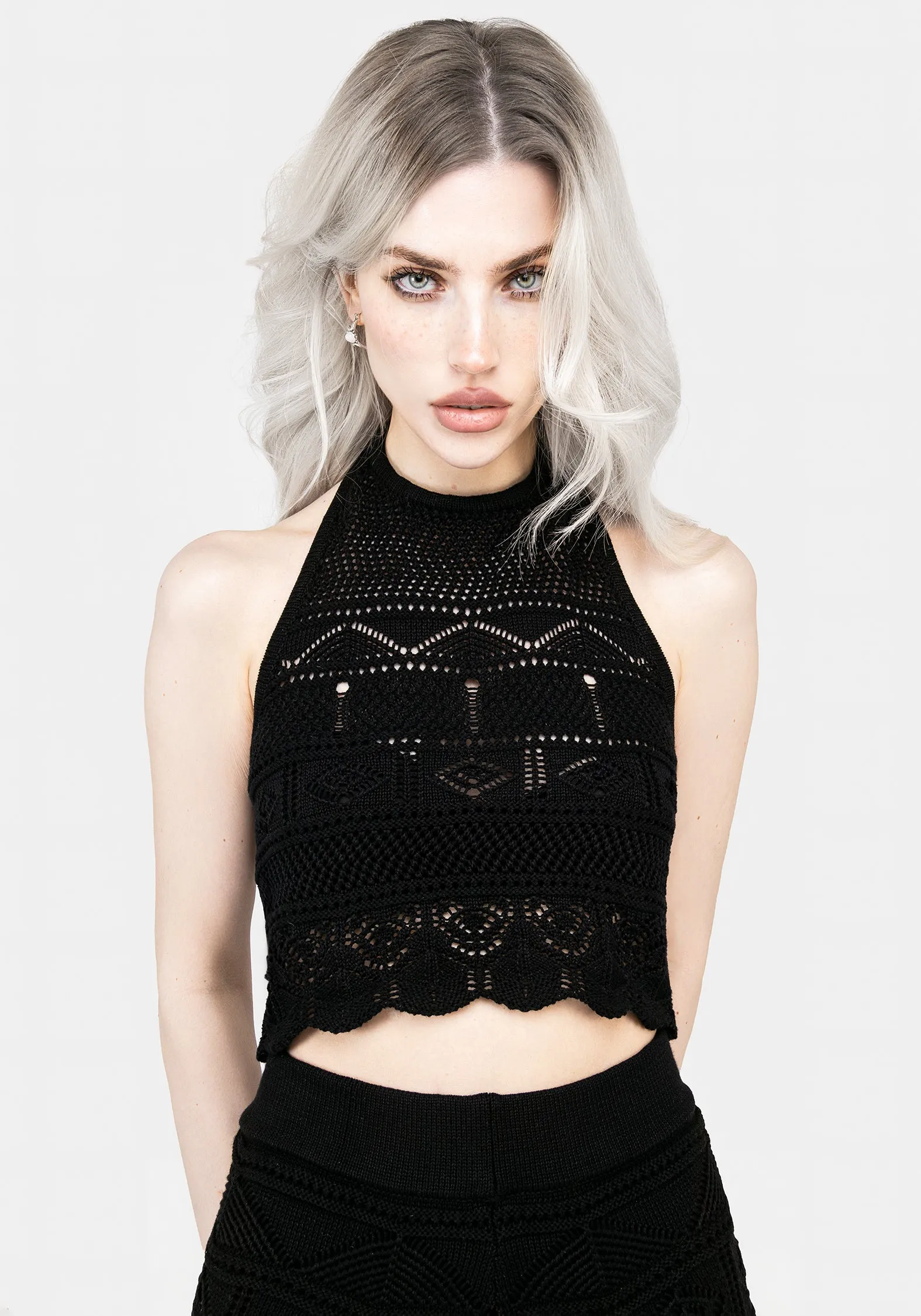 Hooked Pointelle Halter Crop Top Diagonal Pocket Placement