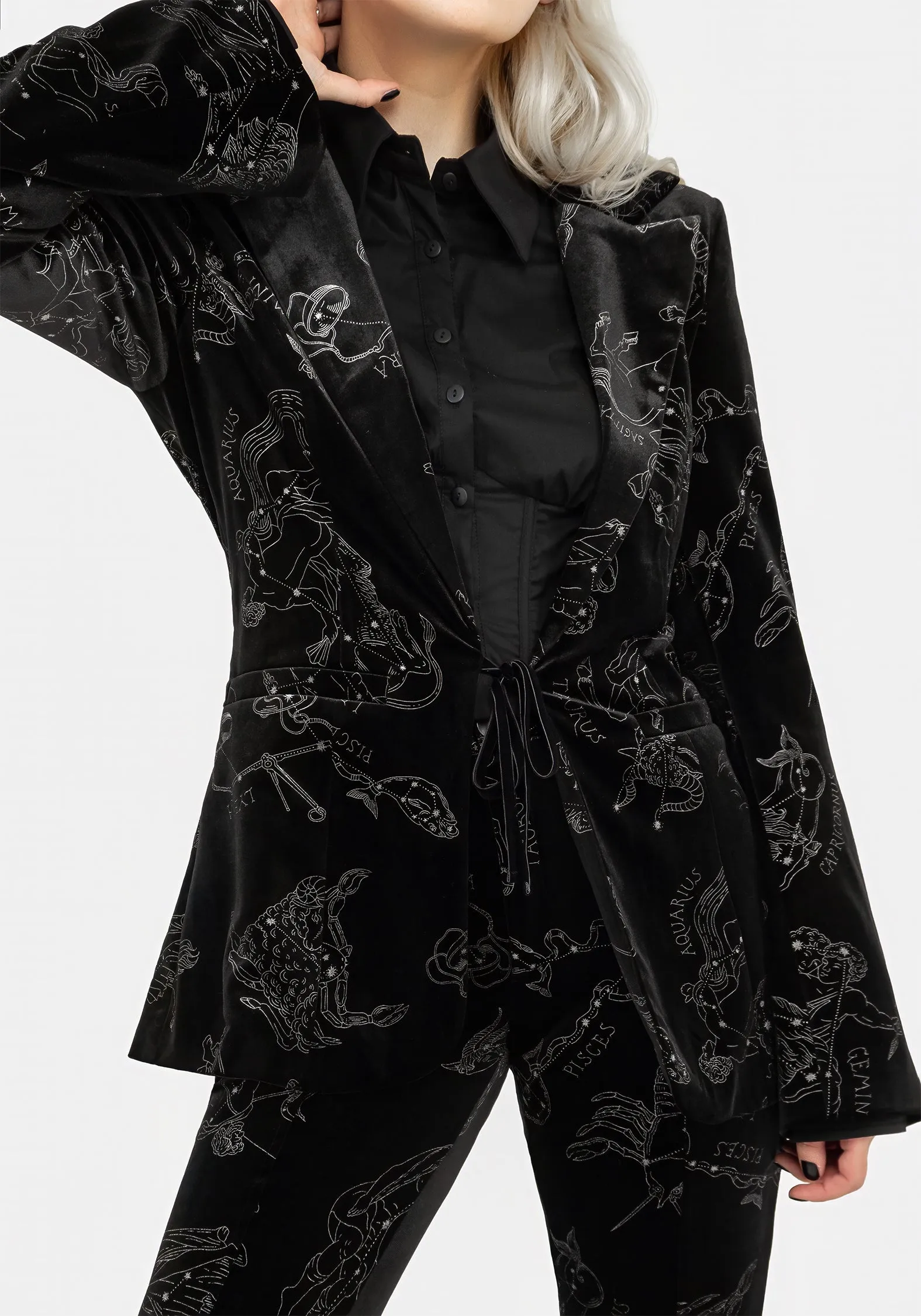 Machine Washable Fabric Stretch Knit Fabric Zodiac Foil Print Velour Blazer