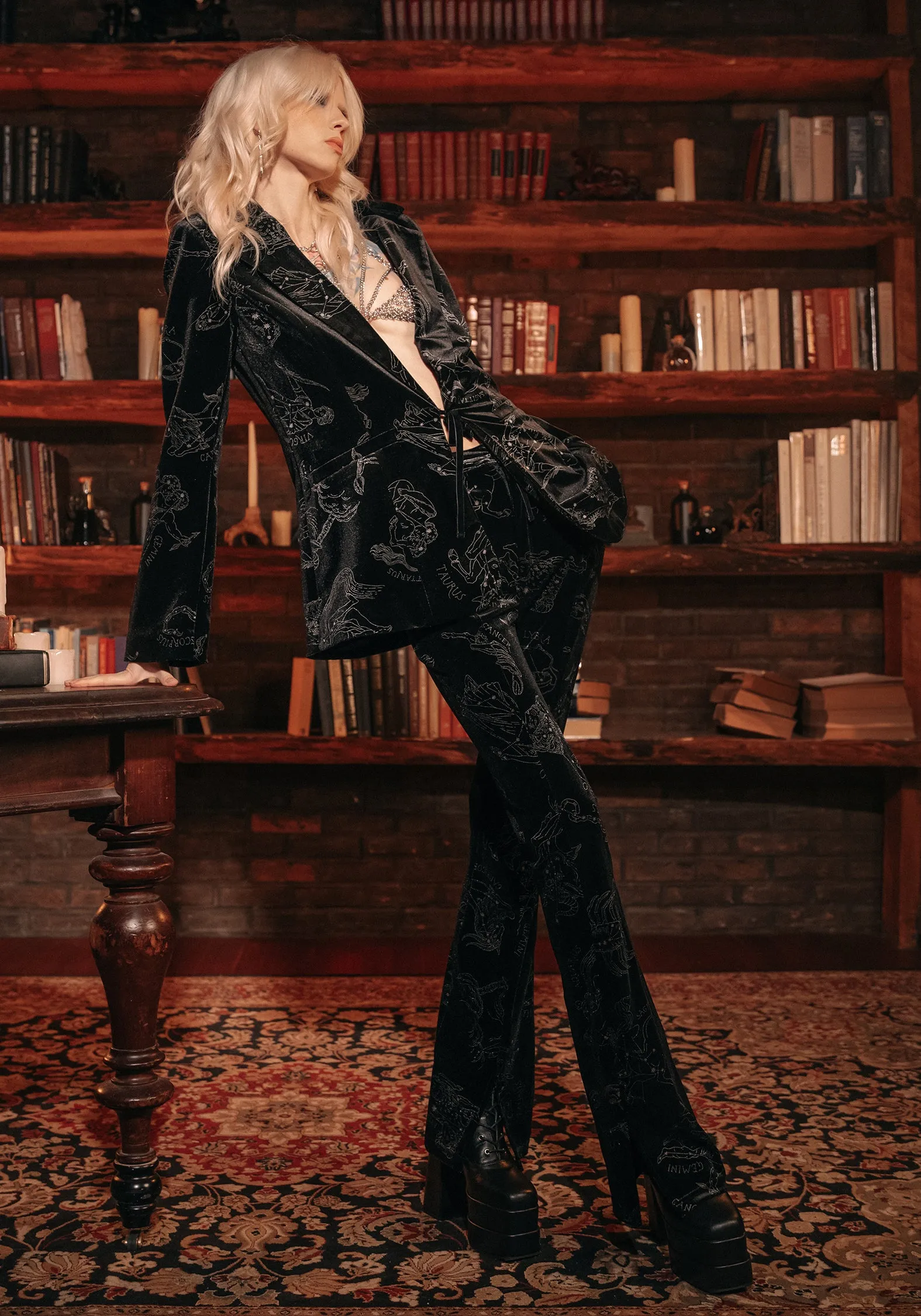 BreathableMeshInsert Zodiac Foil Print Velour Blazer