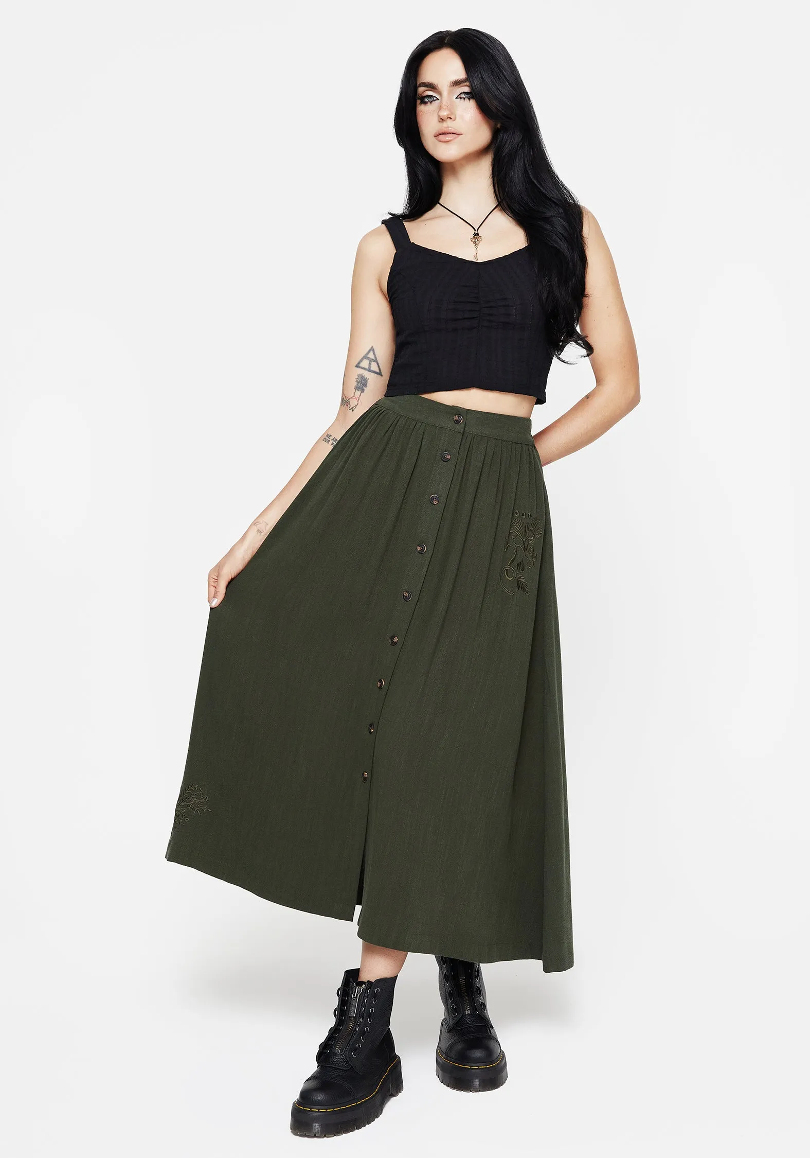 Foliate Linen-Blend Embroidered Button Up Midaxi Skirt - Green Gathered waist