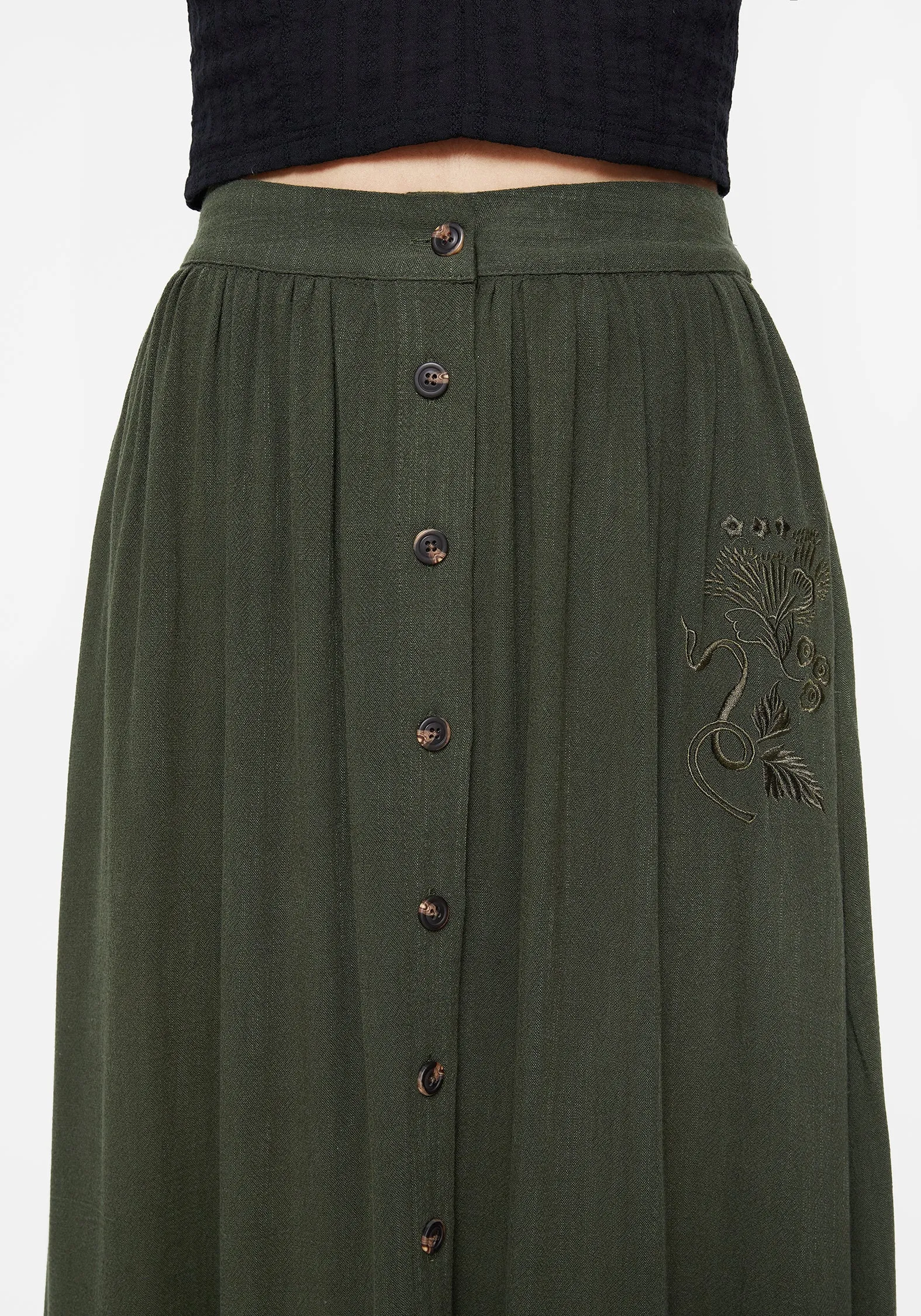 Foliate Linen-Blend Embroidered Button Up Midaxi Skirt - Green Outfit Details