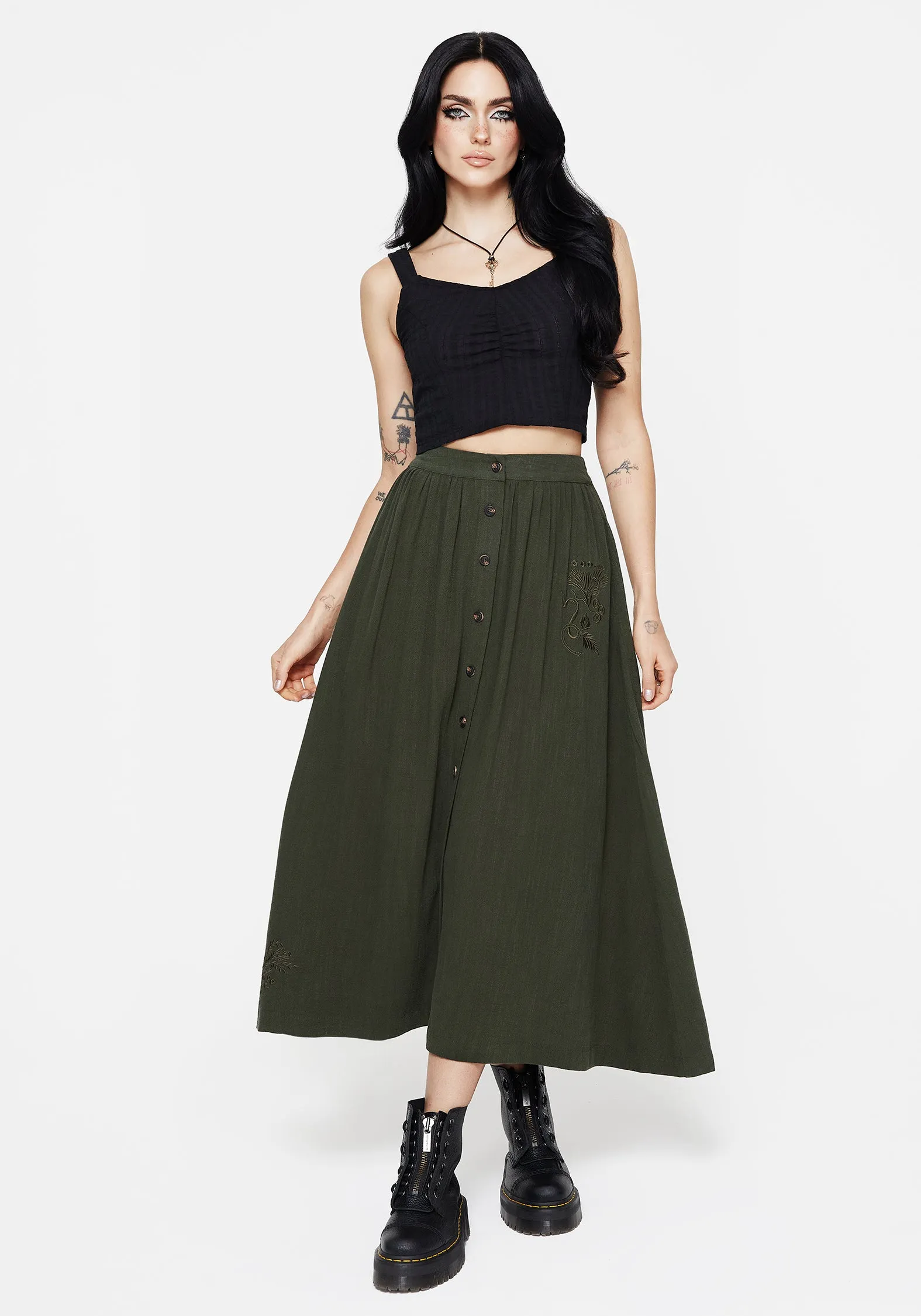 Soft Lines Foliate Linen-Blend Embroidered Button Up Midaxi Skirt - Green