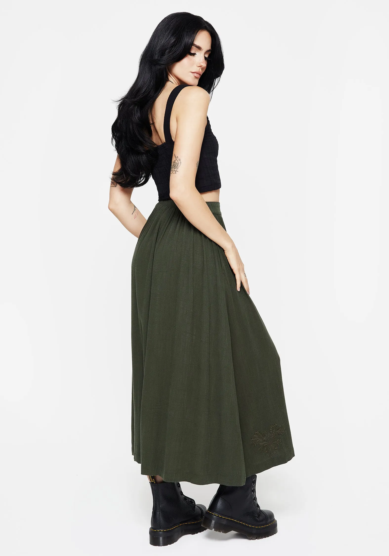 Foliate Linen-Blend Embroidered Button Up Midaxi Skirt - Green Semi Sheer