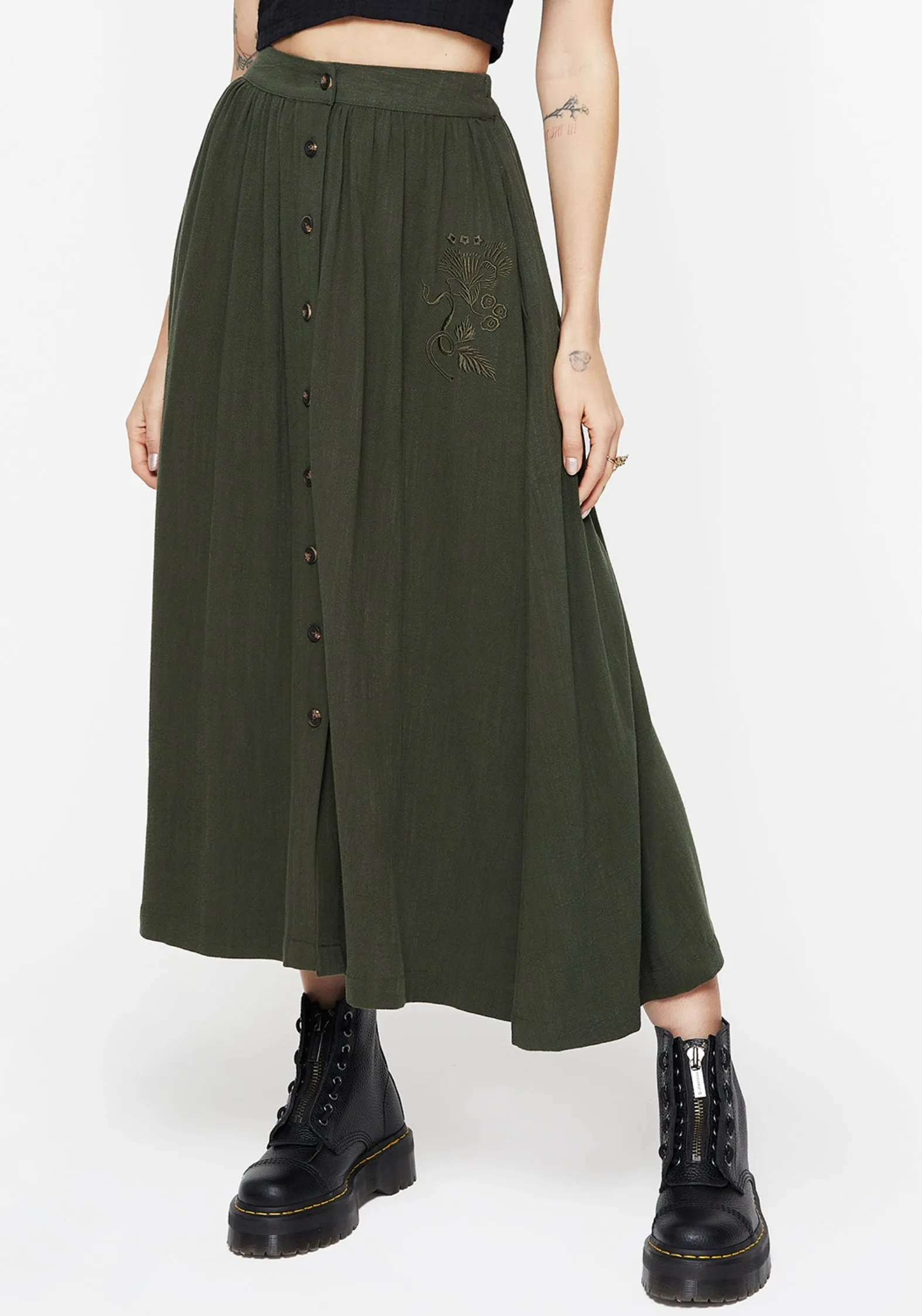 Foliate Linen-Blend Embroidered Button Up Midaxi Skirt - Green Everyday Wear Modern Design